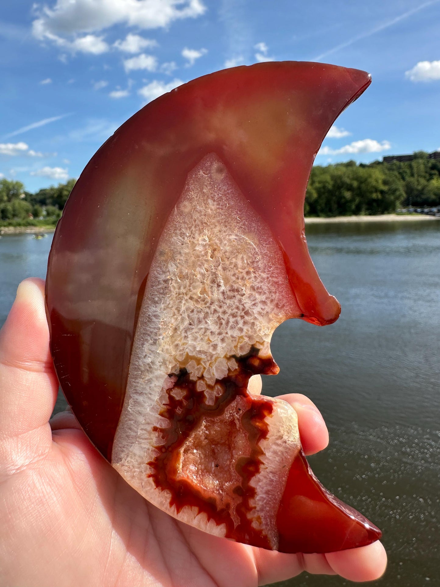 Stunning Carnelian Druzy Pocket Moon Carving with Quartz
