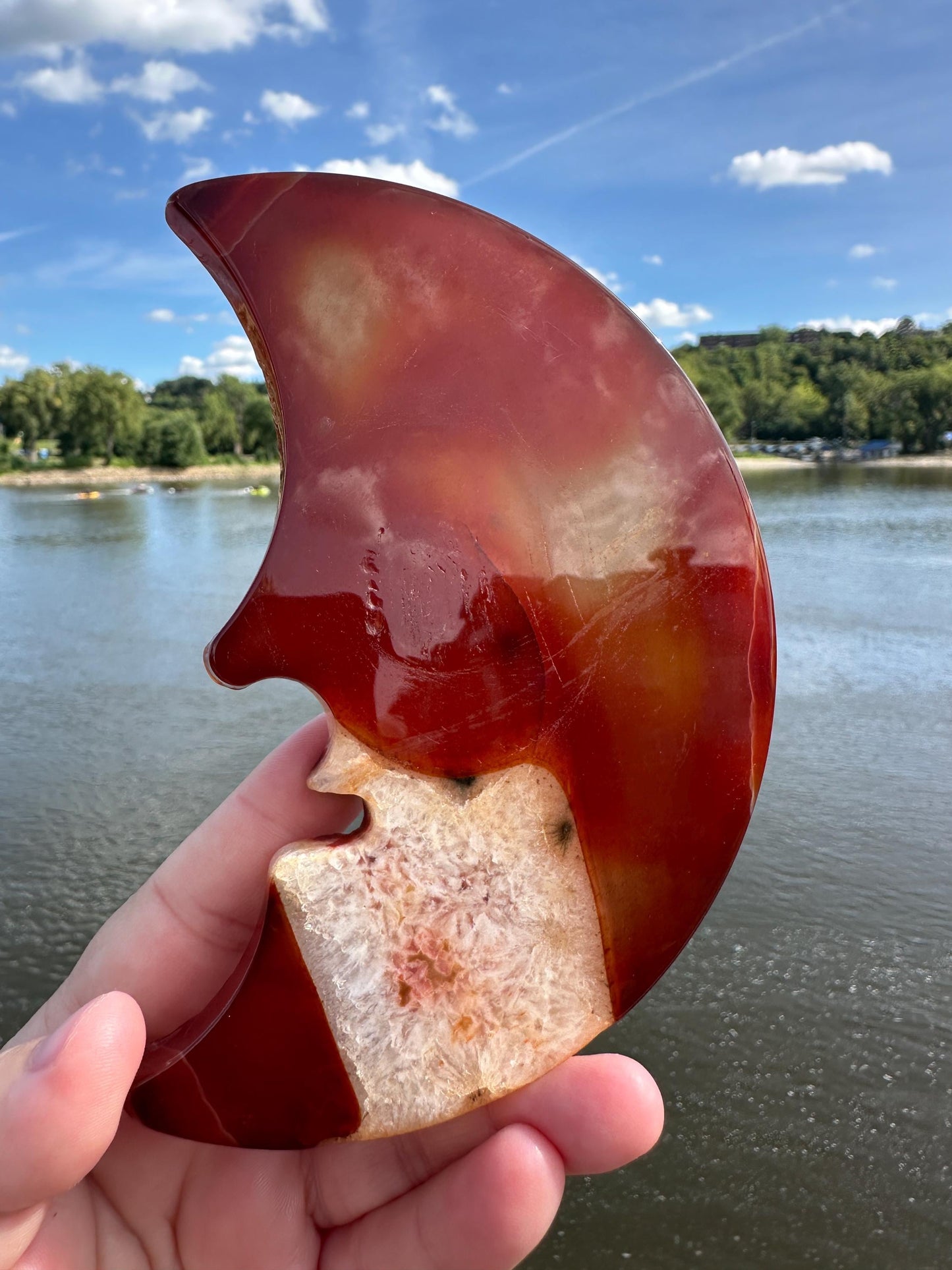 Stunning Carnelian Druzy Pocket Moon Carving with Quartz