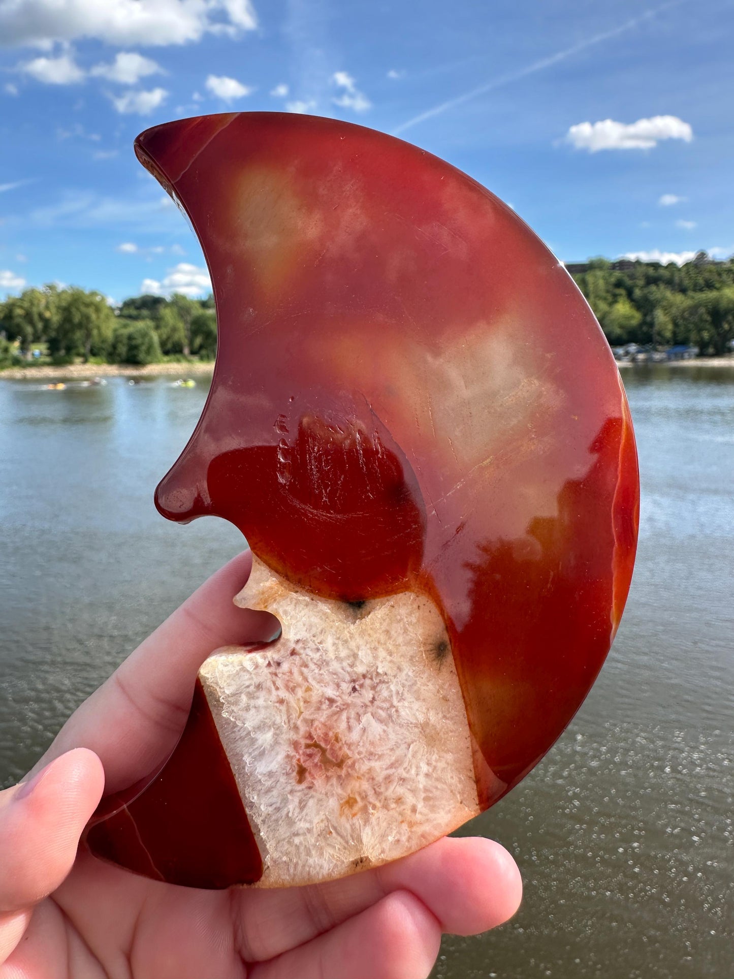 Stunning Carnelian Druzy Pocket Moon Carving with Quartz