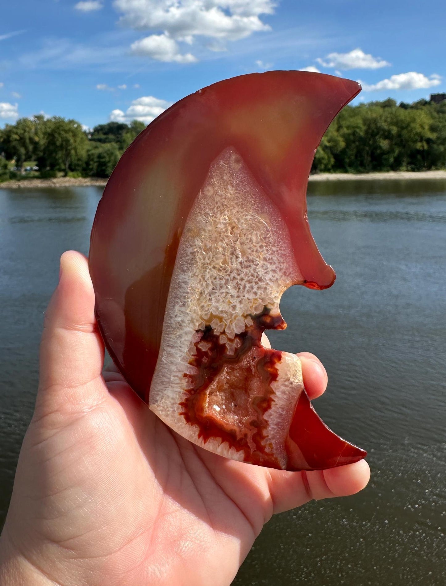 Stunning Carnelian Druzy Pocket Moon Carving with Quartz