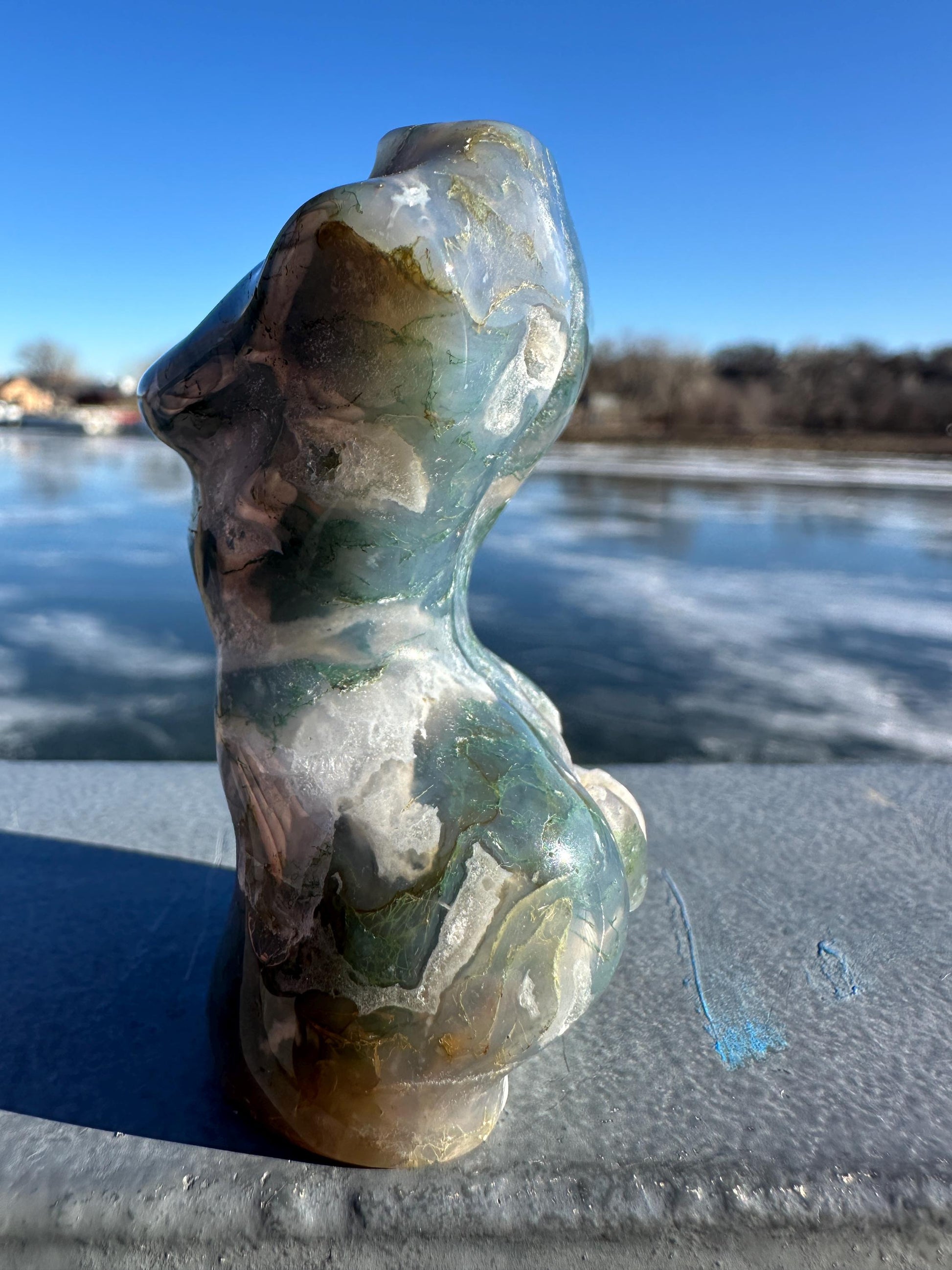 Beautiful Moss Agate Goddess Carving