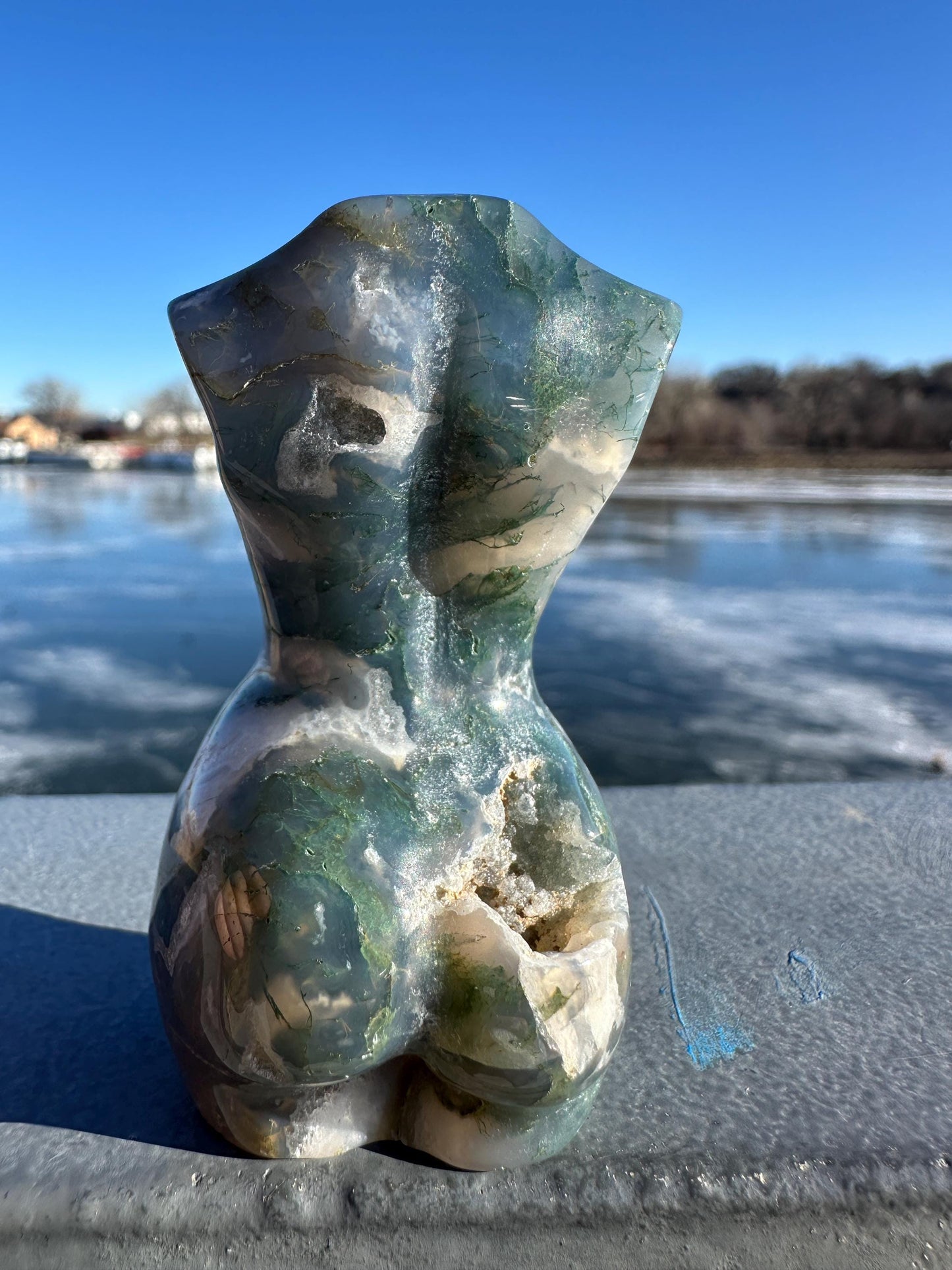 Beautiful Moss Agate Goddess Carving