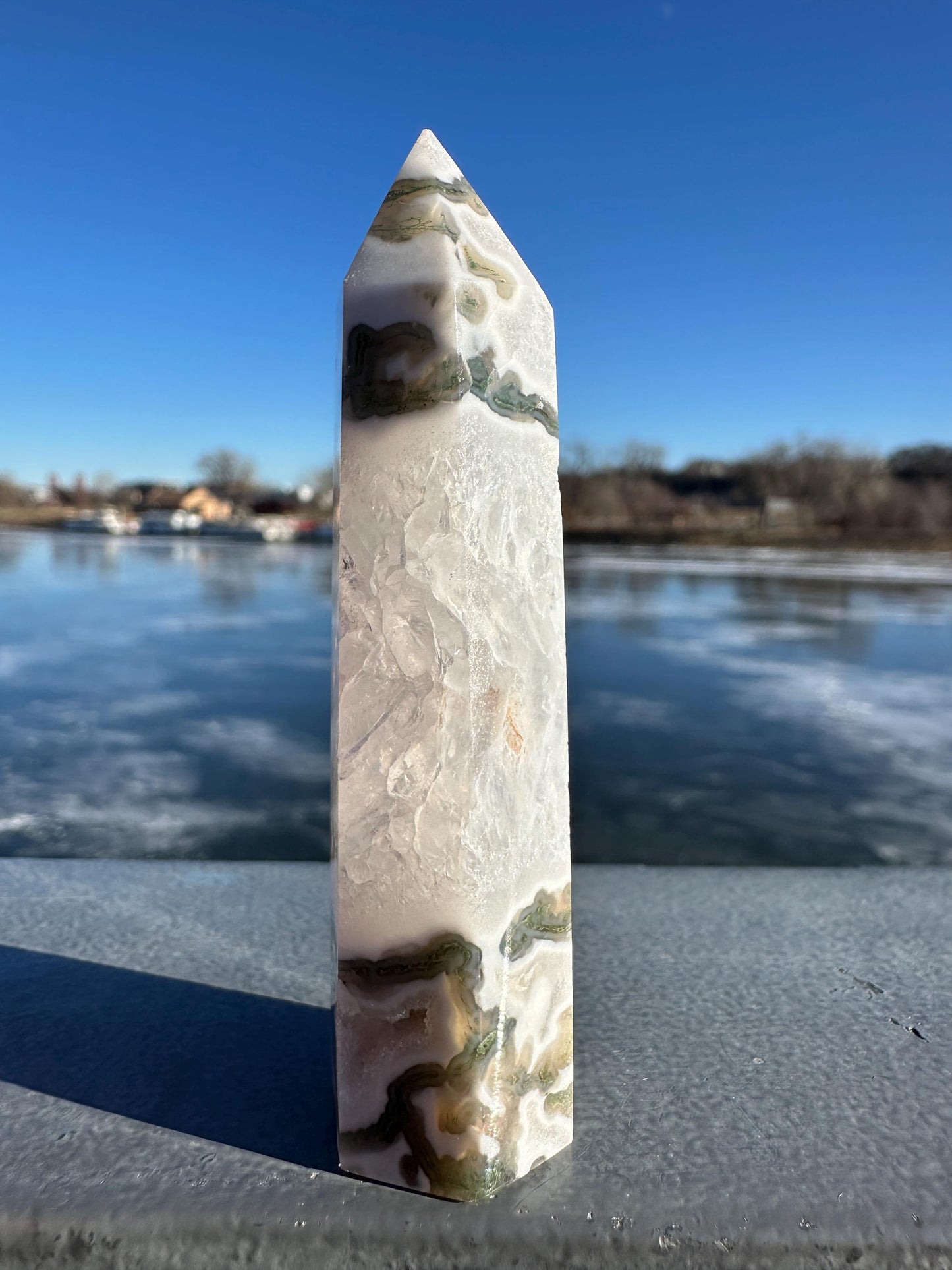 Beautiful Moss Agate Tower Carving with Quartz and a Druzy Pocket