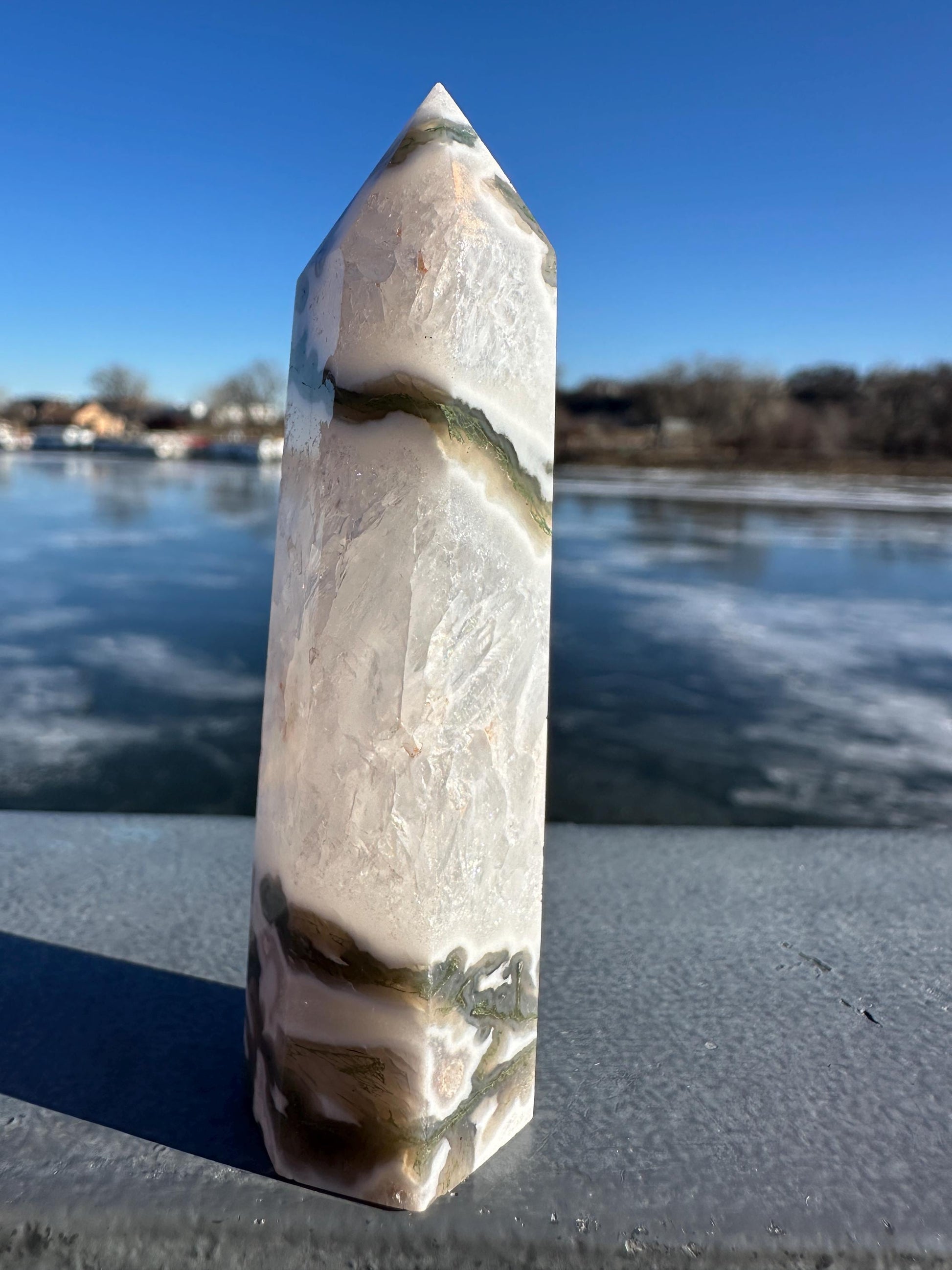 Beautiful Moss Agate Tower Carving with Quartz and a Druzy Pocket