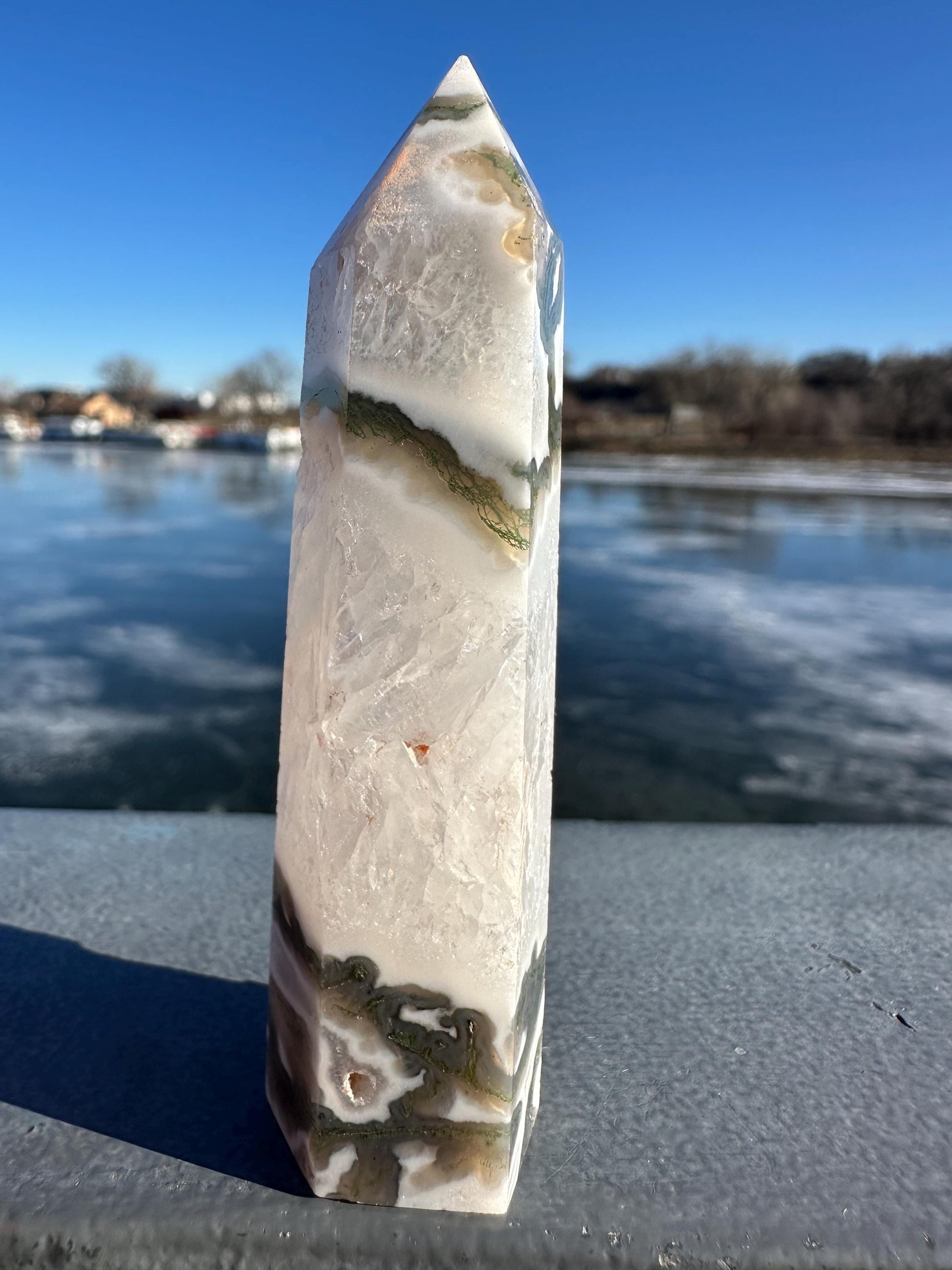 Beautiful Moss Agate Tower Carving with Quartz and a Druzy Pocket