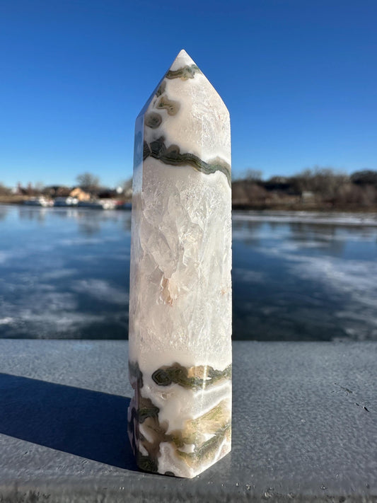 Beautiful Moss Agate Tower Carving with Quartz and a Druzy Pocket