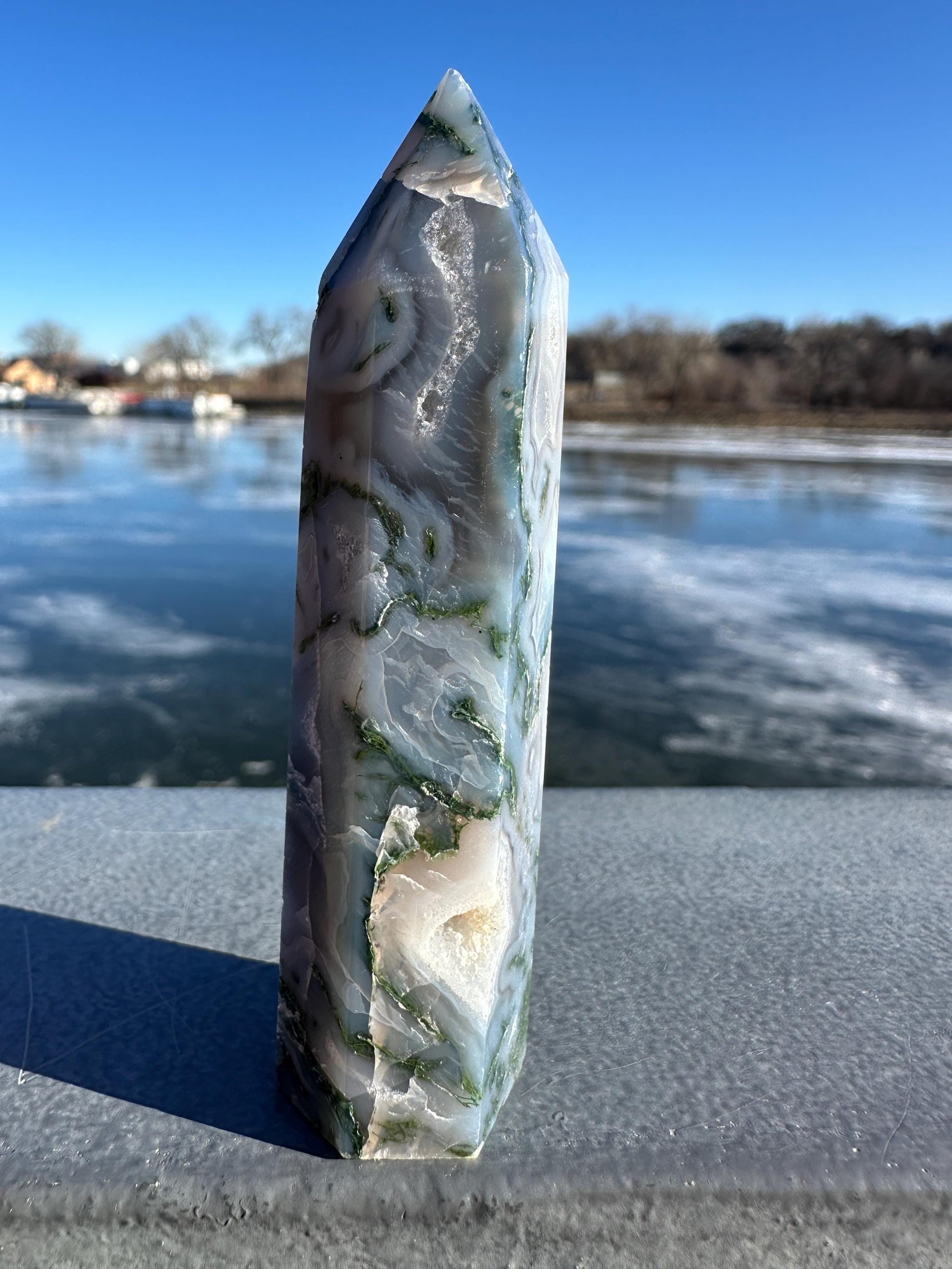 Beautiful Moss Agate Tower Carving with Quartz and a Druzy Pocket