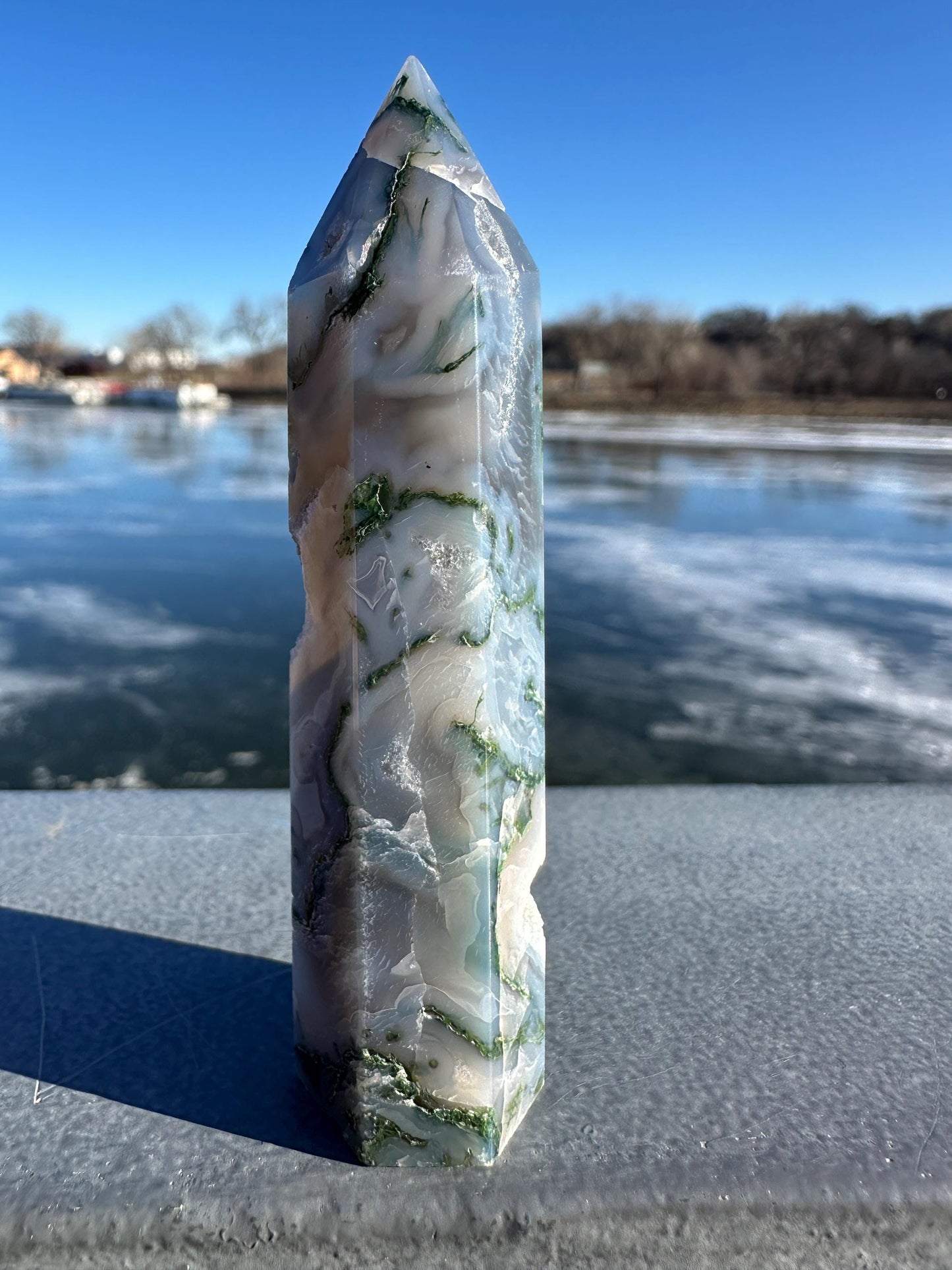 Beautiful Moss Agate Tower Carving with Quartz and a Druzy Pocket