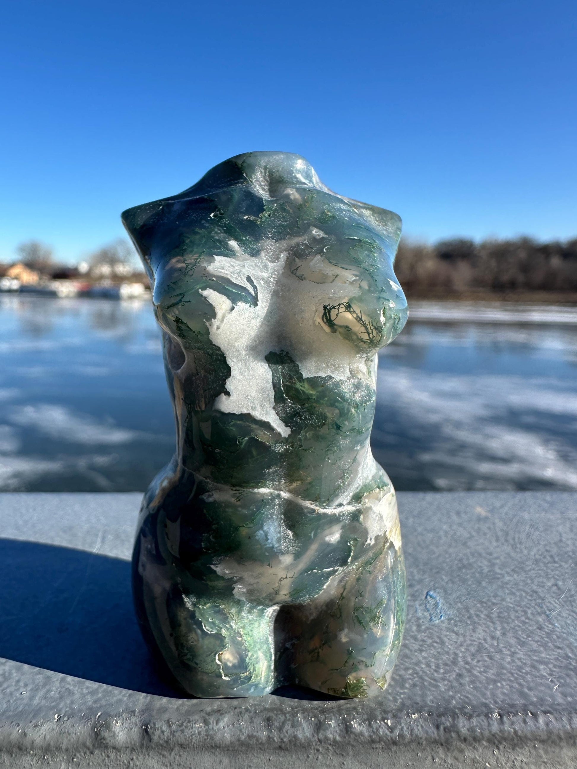 Beautiful Moss Agate Goddess Carving