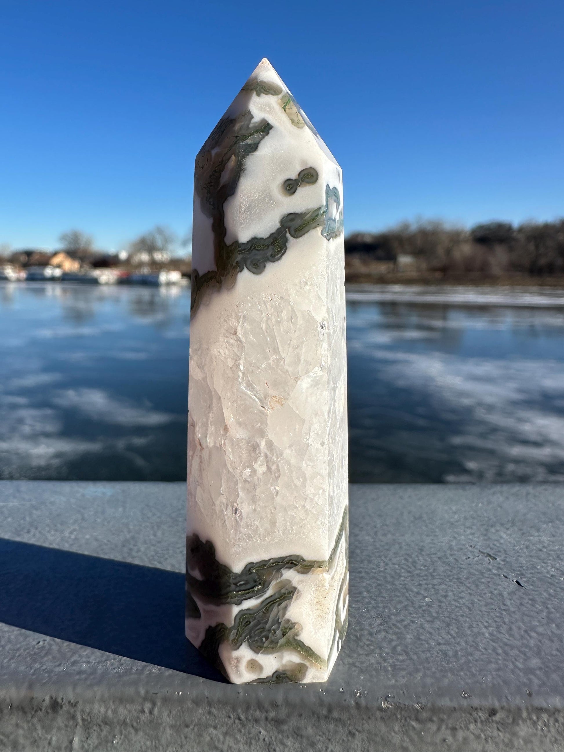 Beautiful Moss Agate Tower Carving with Quartz and a Druzy Pocket