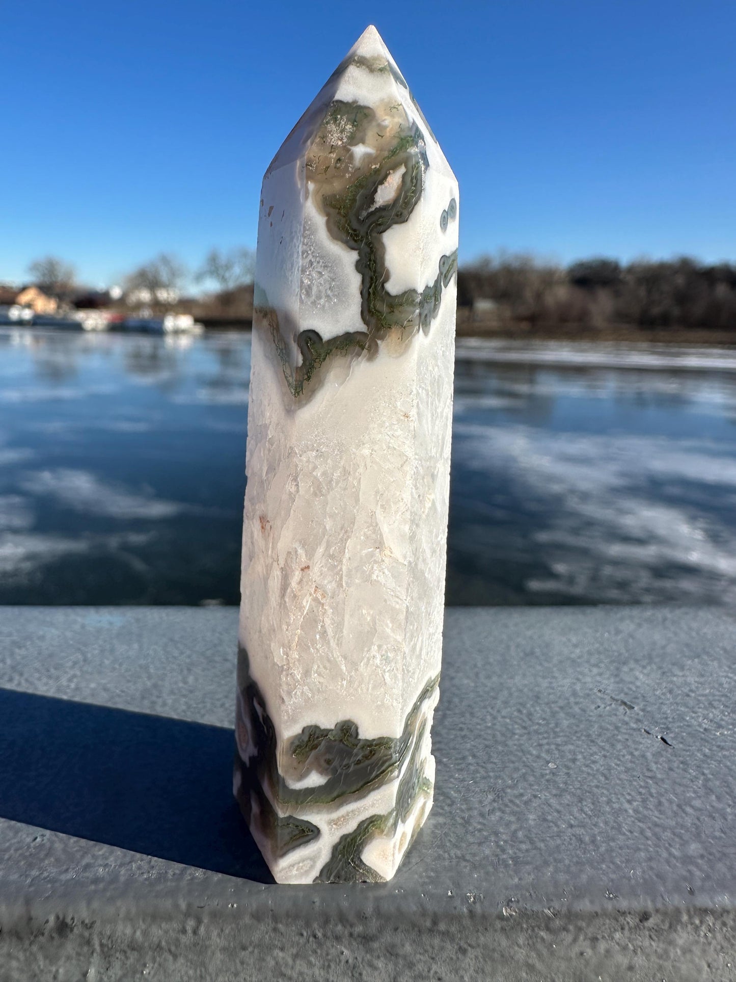 Beautiful Moss Agate Tower Carving with Quartz and a Druzy Pocket