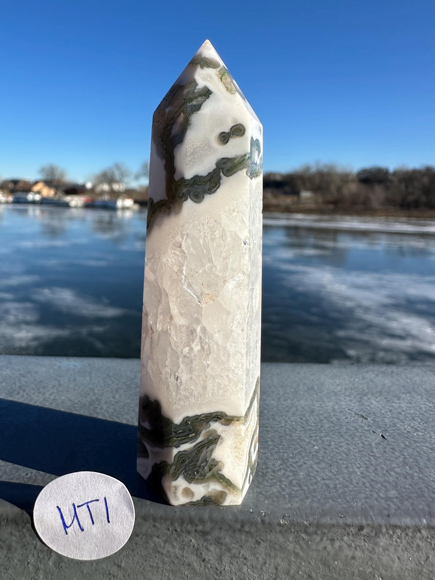 Beautiful Moss Agate Tower Carving with Quartz and a Druzy Pocket