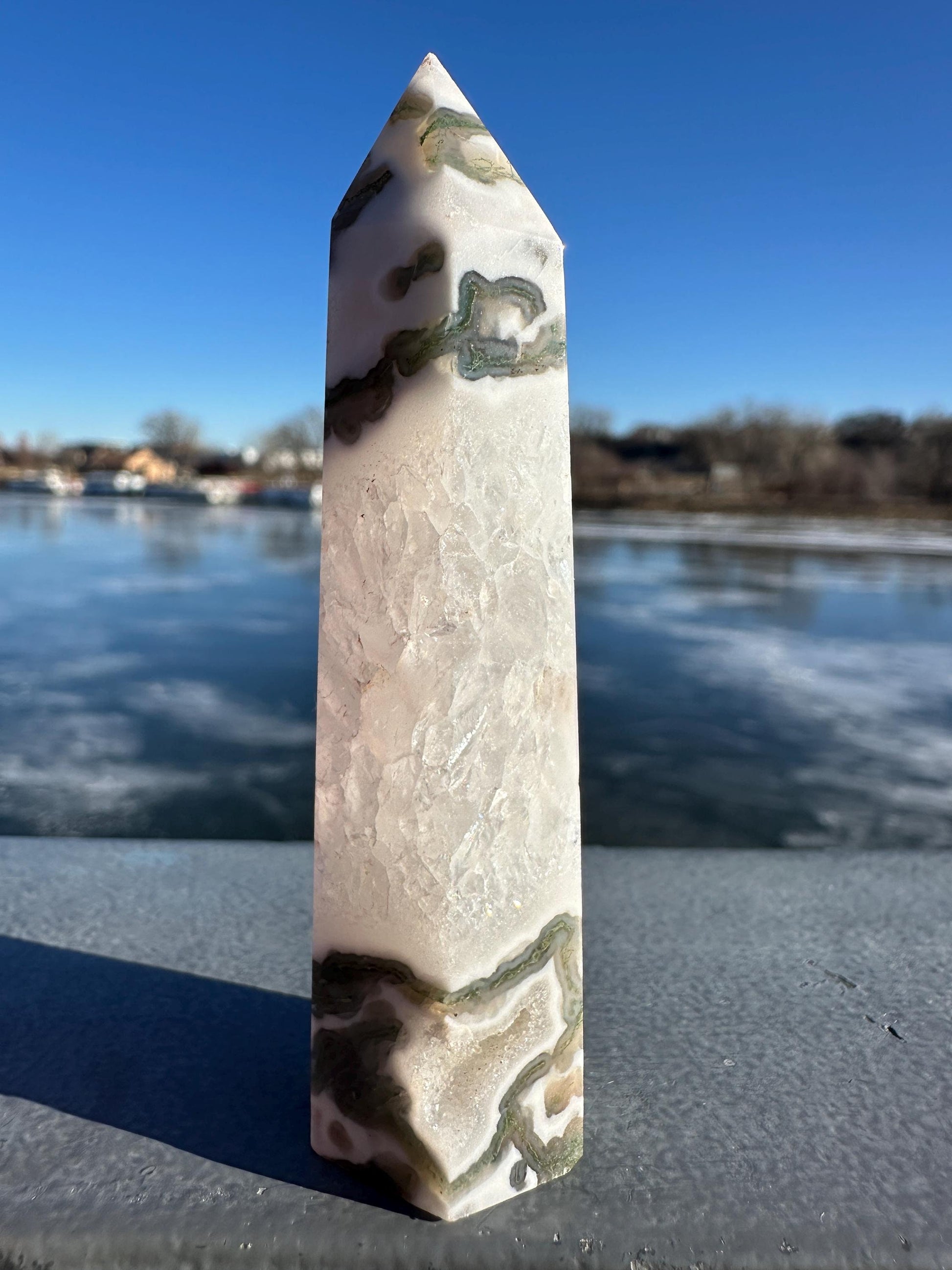 Beautiful Moss Agate Tower Carving with Quartz and a Druzy Pocket