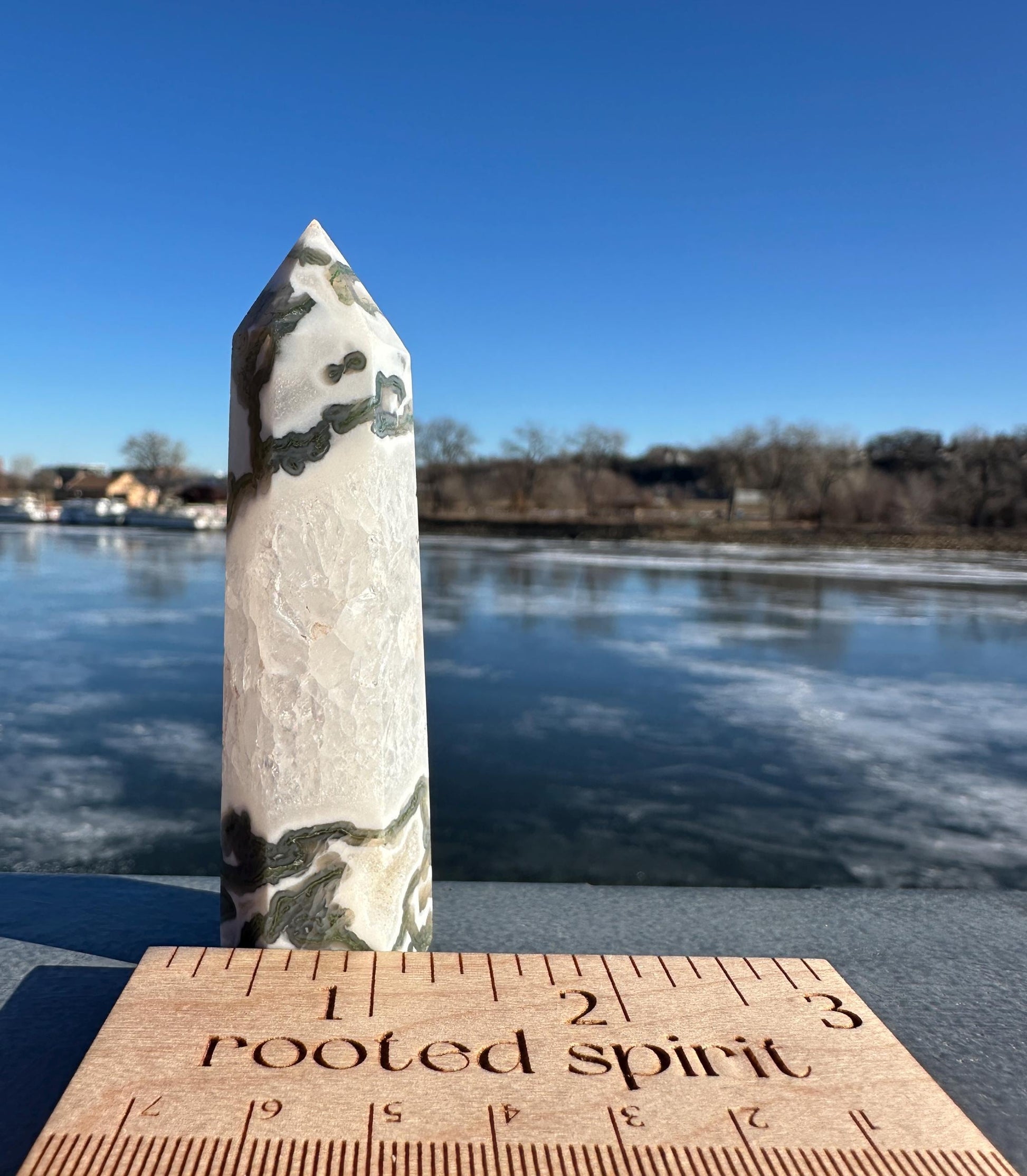 Beautiful Moss Agate Tower Carving with Quartz and a Druzy Pocket