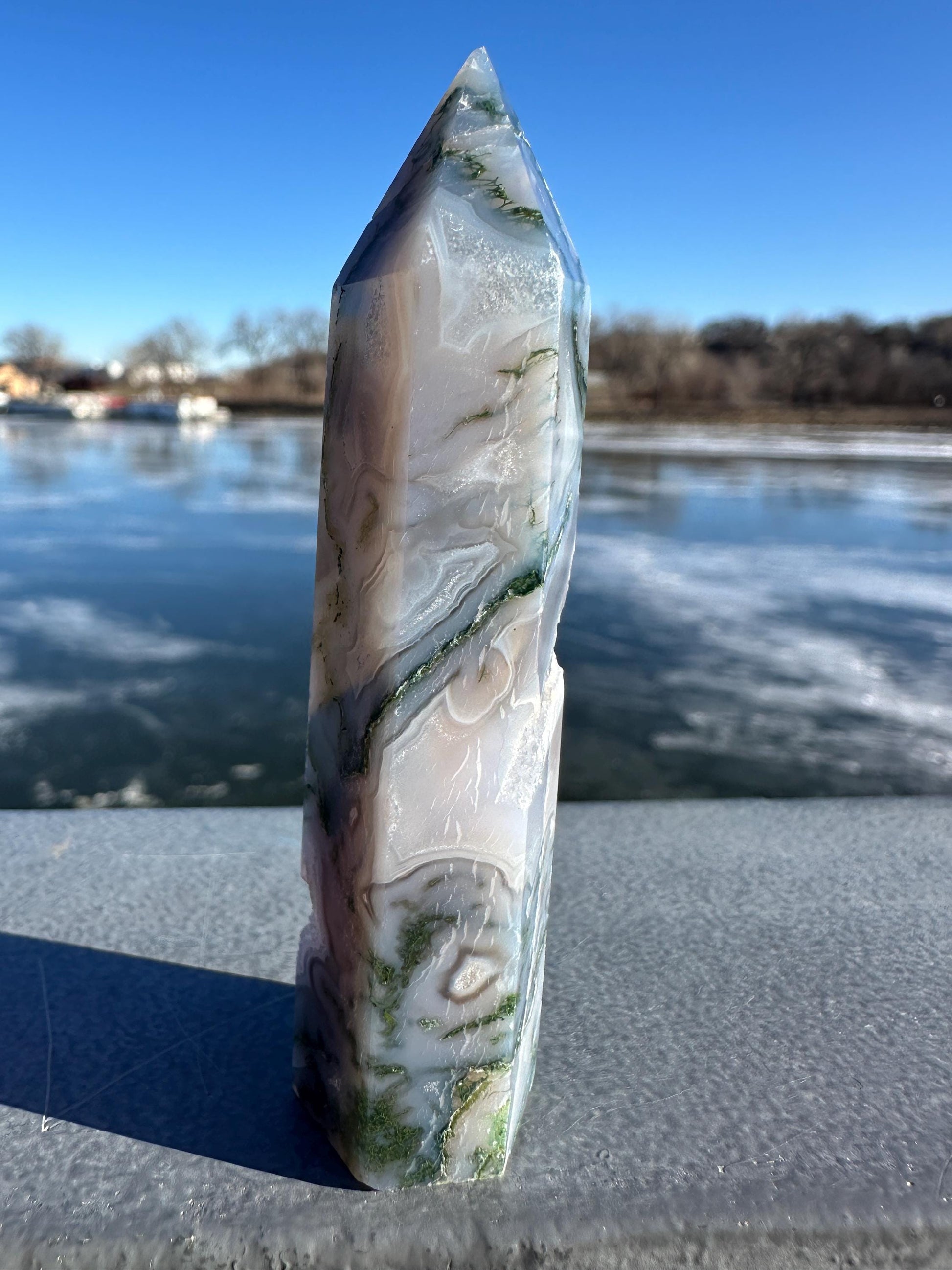Beautiful Moss Agate Tower Carving with Quartz and a Druzy Pocket