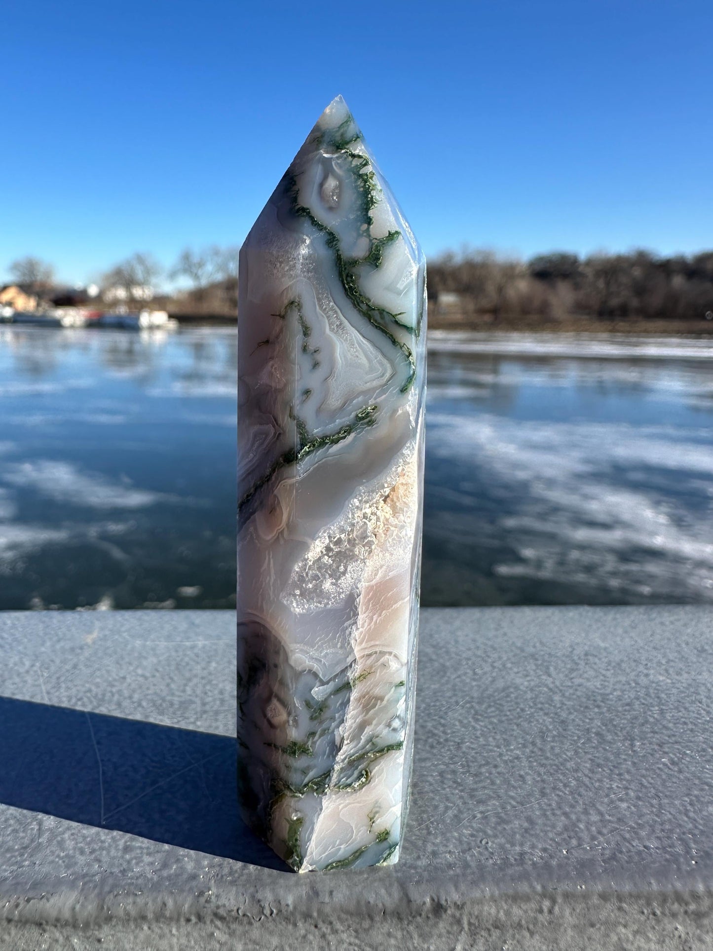 Beautiful Moss Agate Tower Carving with Quartz and a Druzy Pocket