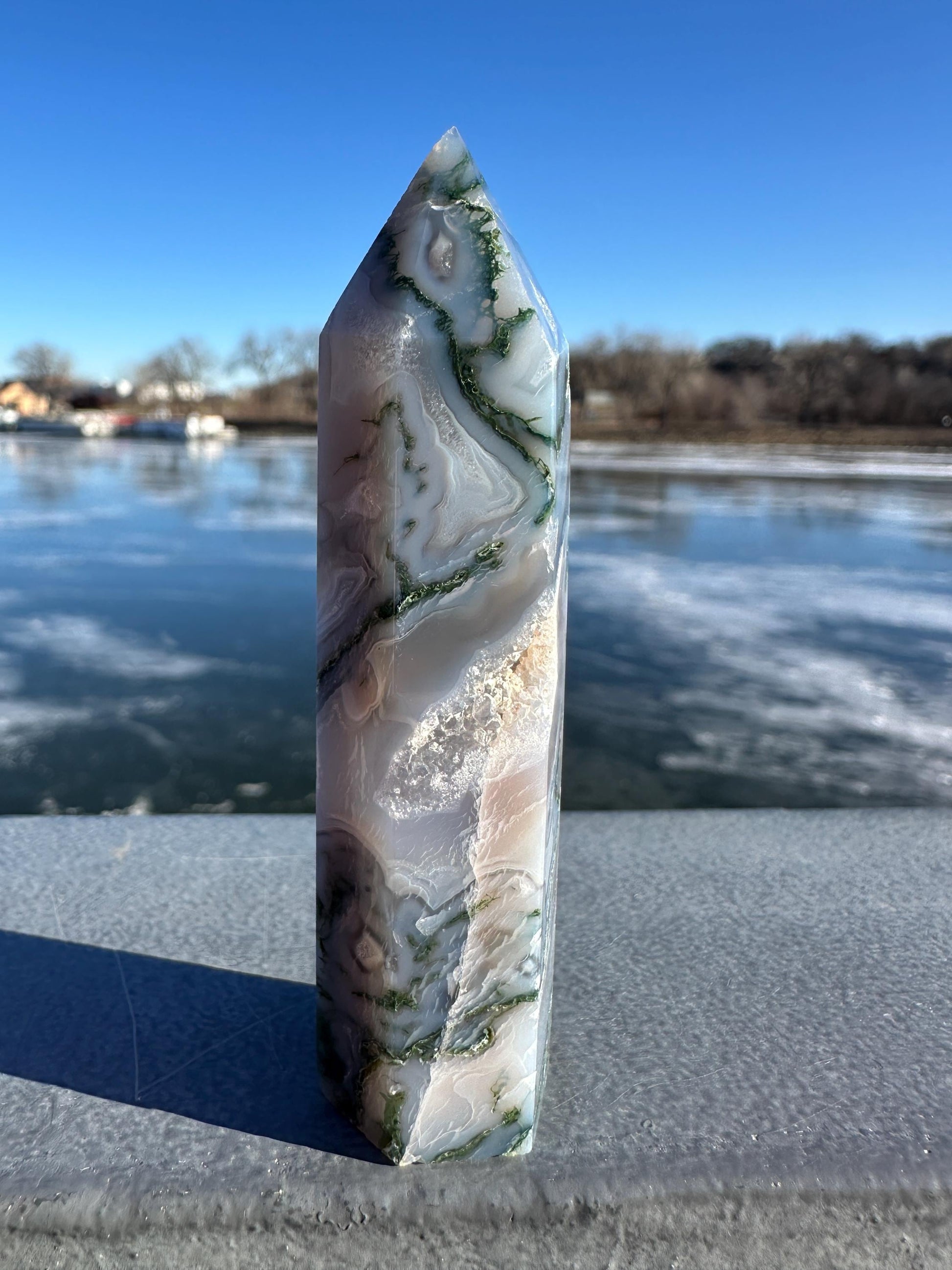 Beautiful Moss Agate Tower Carving with Quartz and a Druzy Pocket