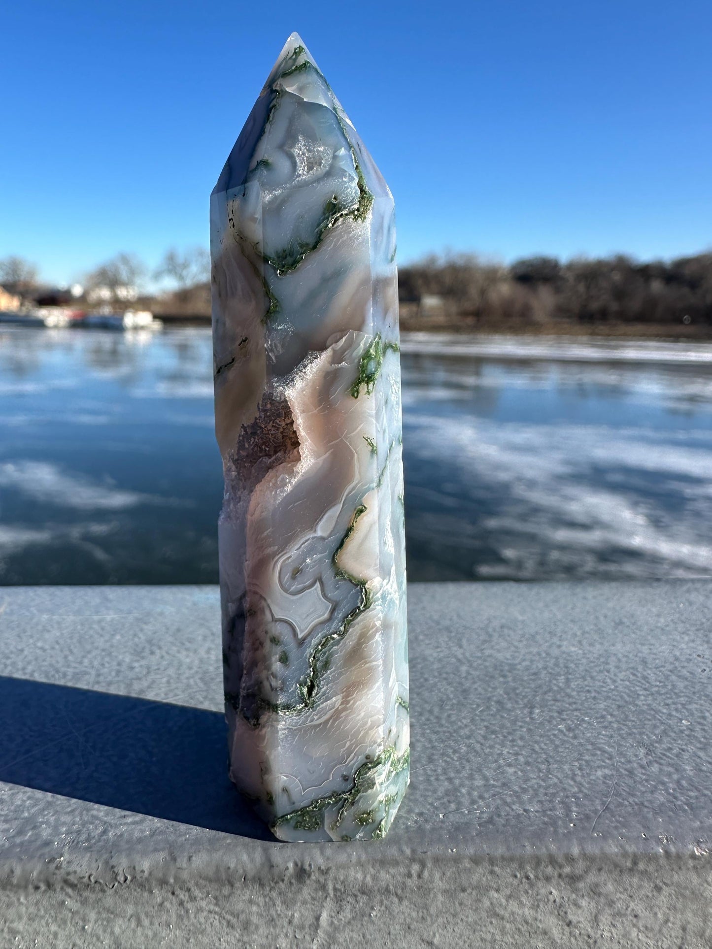 Beautiful Moss Agate Tower Carving with Quartz and a Druzy Pocket