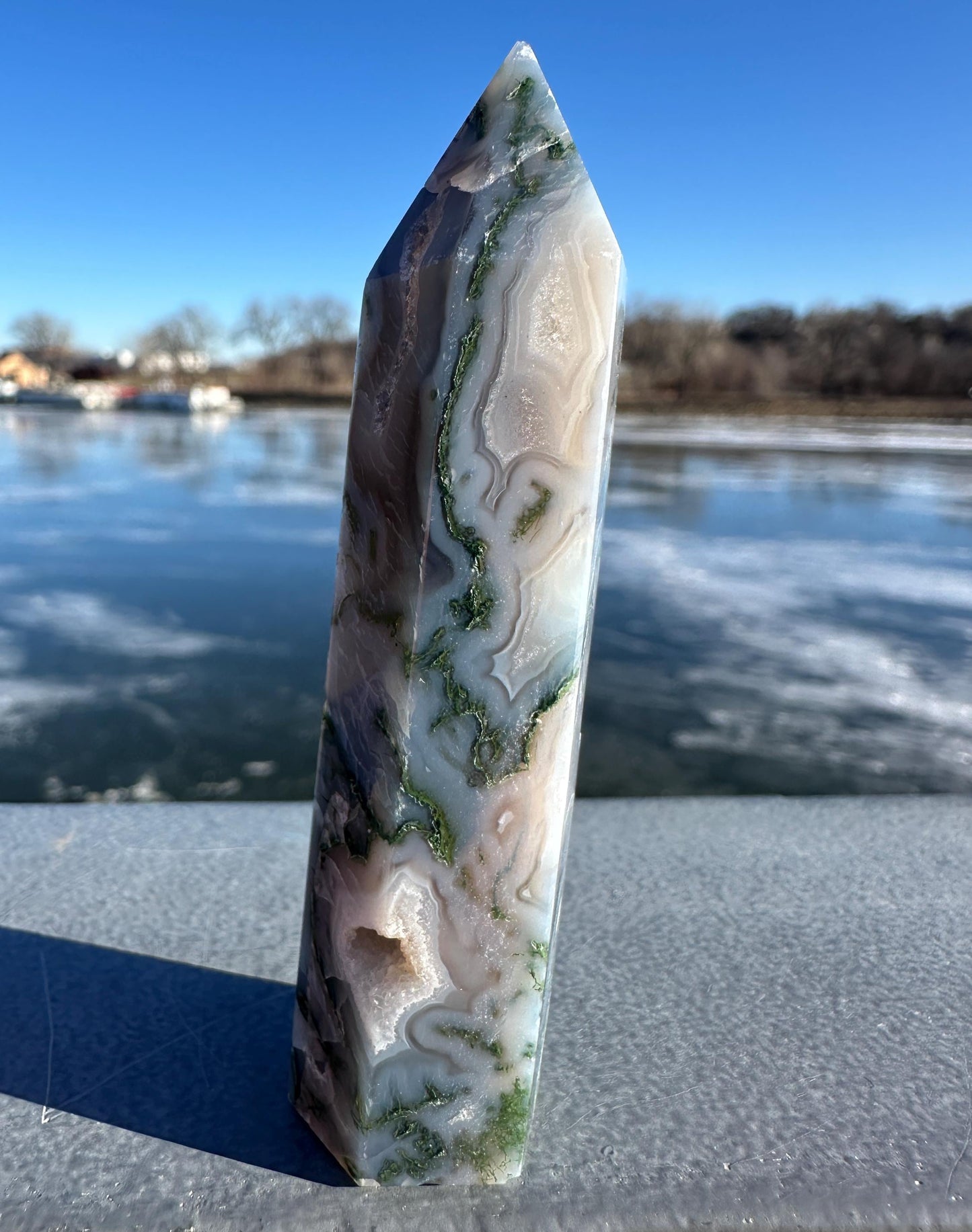 Beautiful Moss Agate Tower Carving with Quartz and a Druzy Pocket