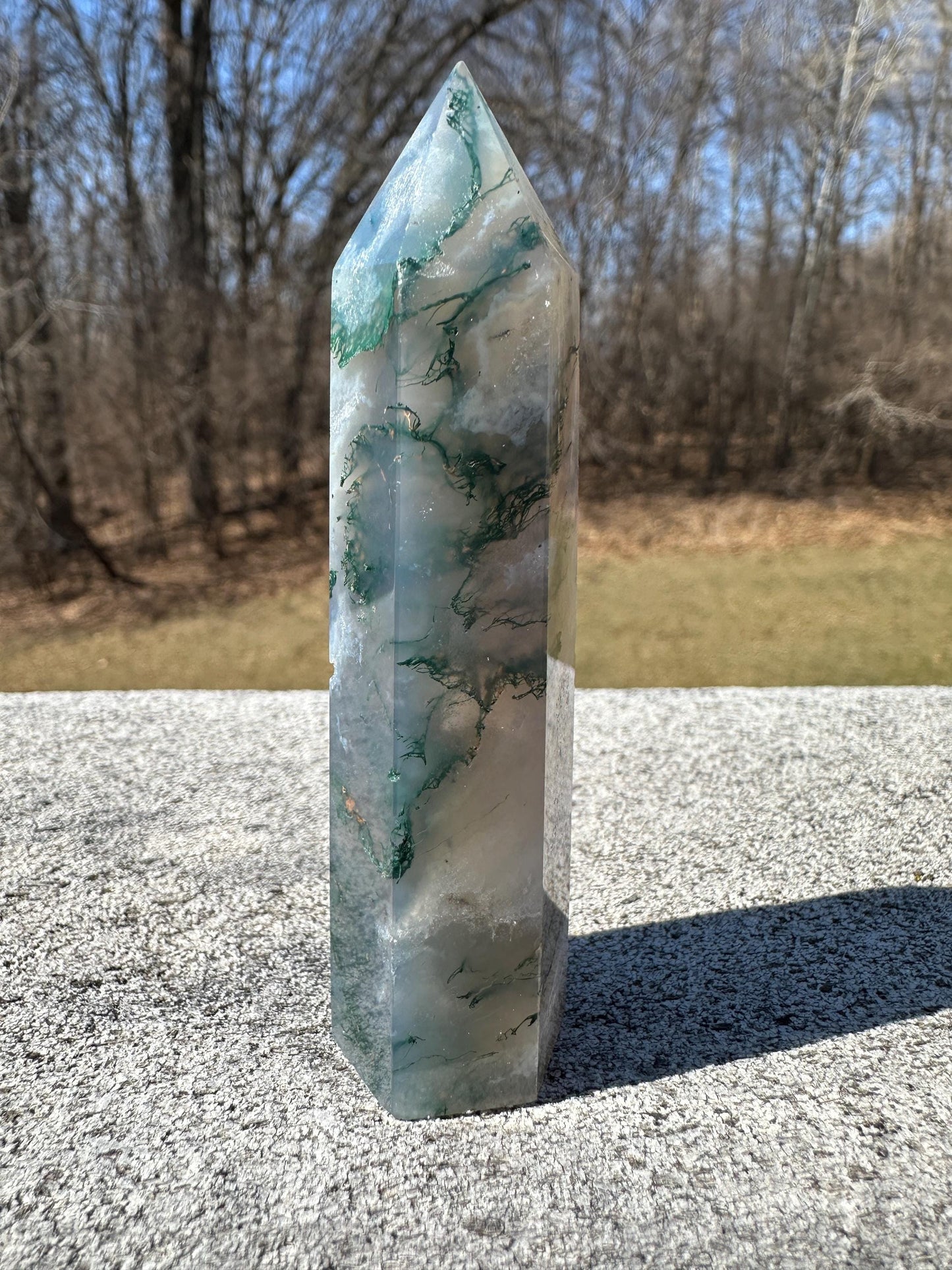 Beautiful Moss Agate Tower Carving with Quartz and a Druzy Pocket