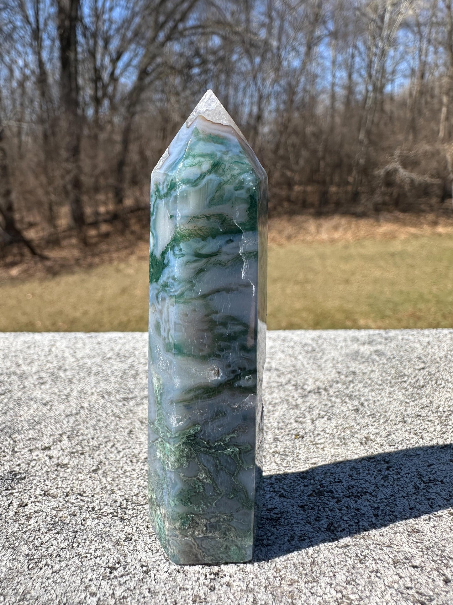 Beautiful Moss Agate Tower Carving with Quartz and a Druzy Pocket