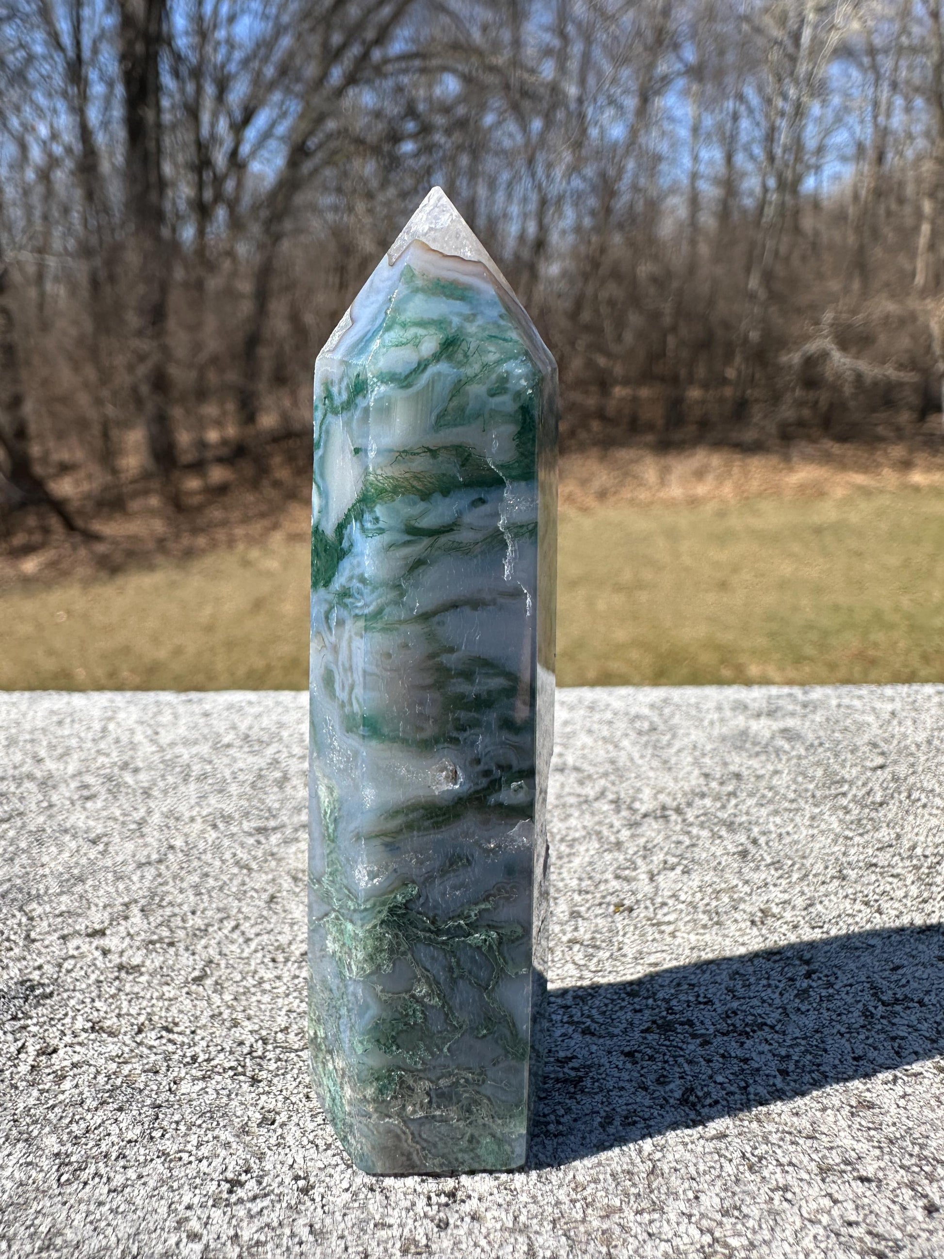 Beautiful Moss Agate Tower Carving with Quartz and a Druzy Pocket