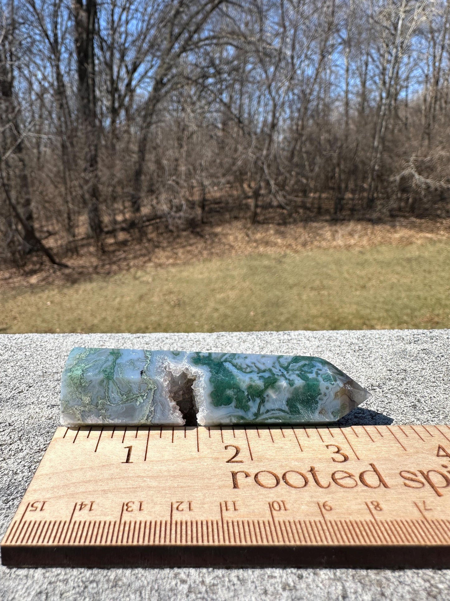 Beautiful Moss Agate Tower Carving with Quartz and a Druzy Pocket