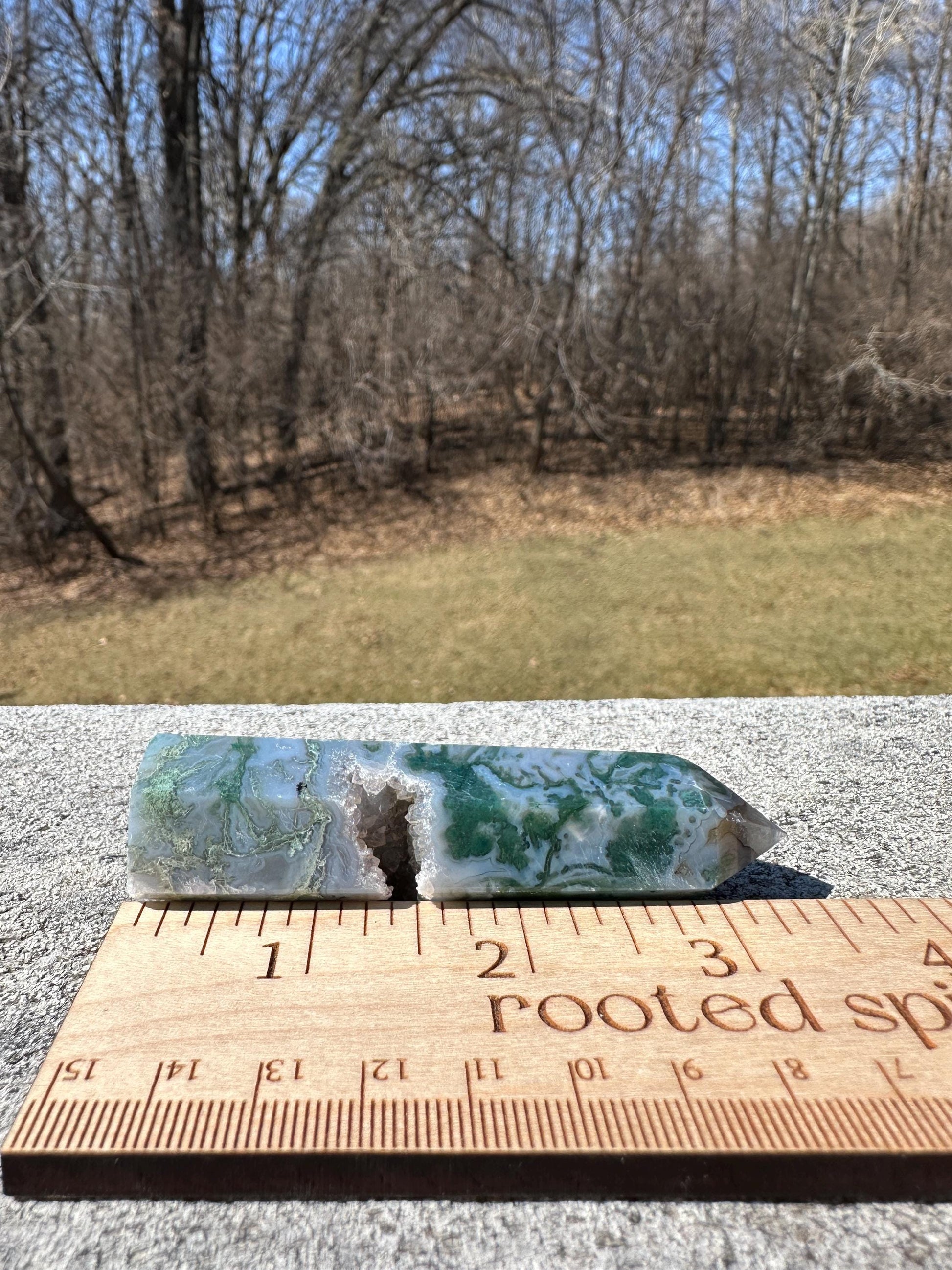 Beautiful Moss Agate Tower Carving with Quartz and a Druzy Pocket