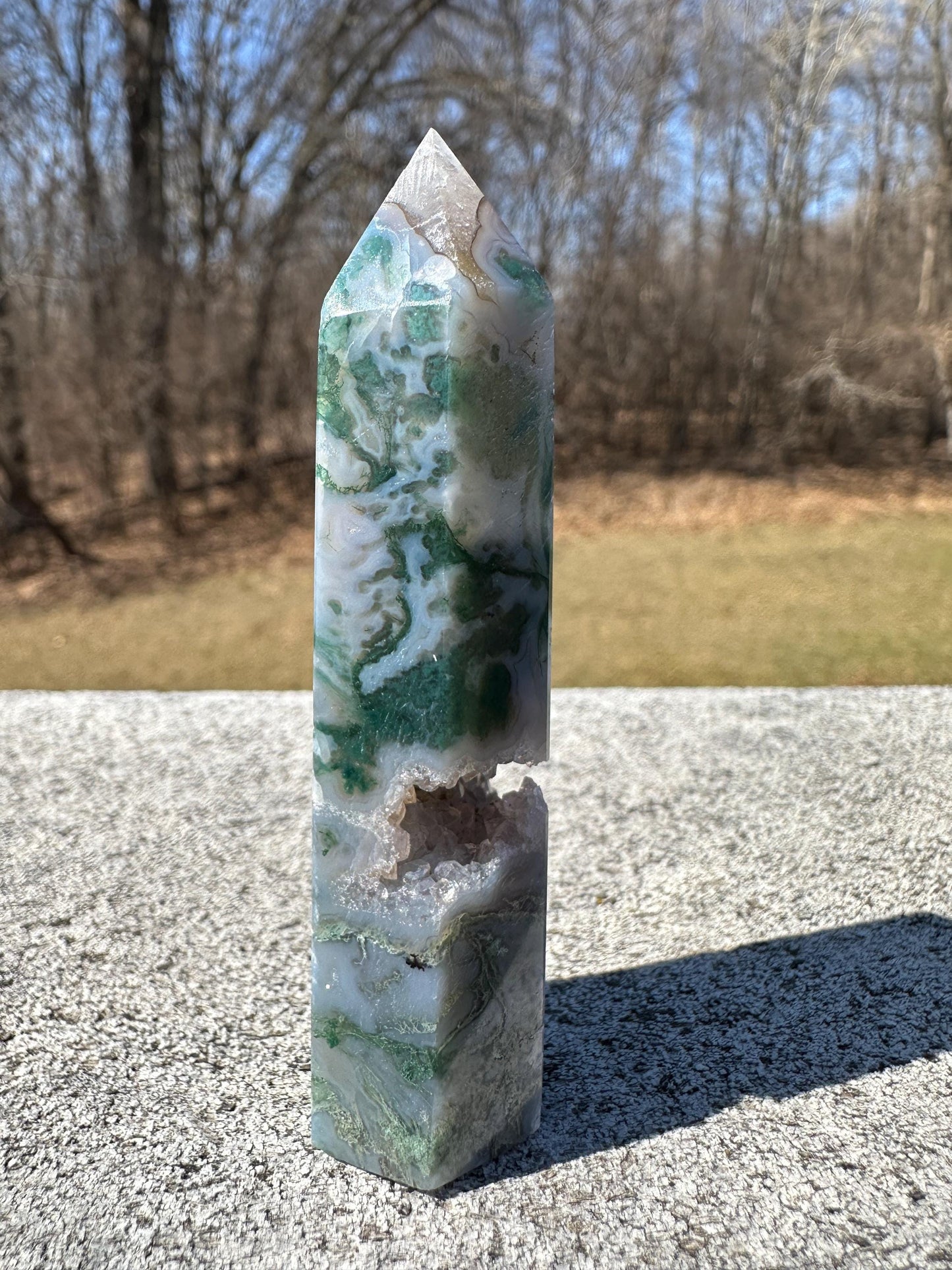 Beautiful Moss Agate Tower Carving with Quartz and a Druzy Pocket