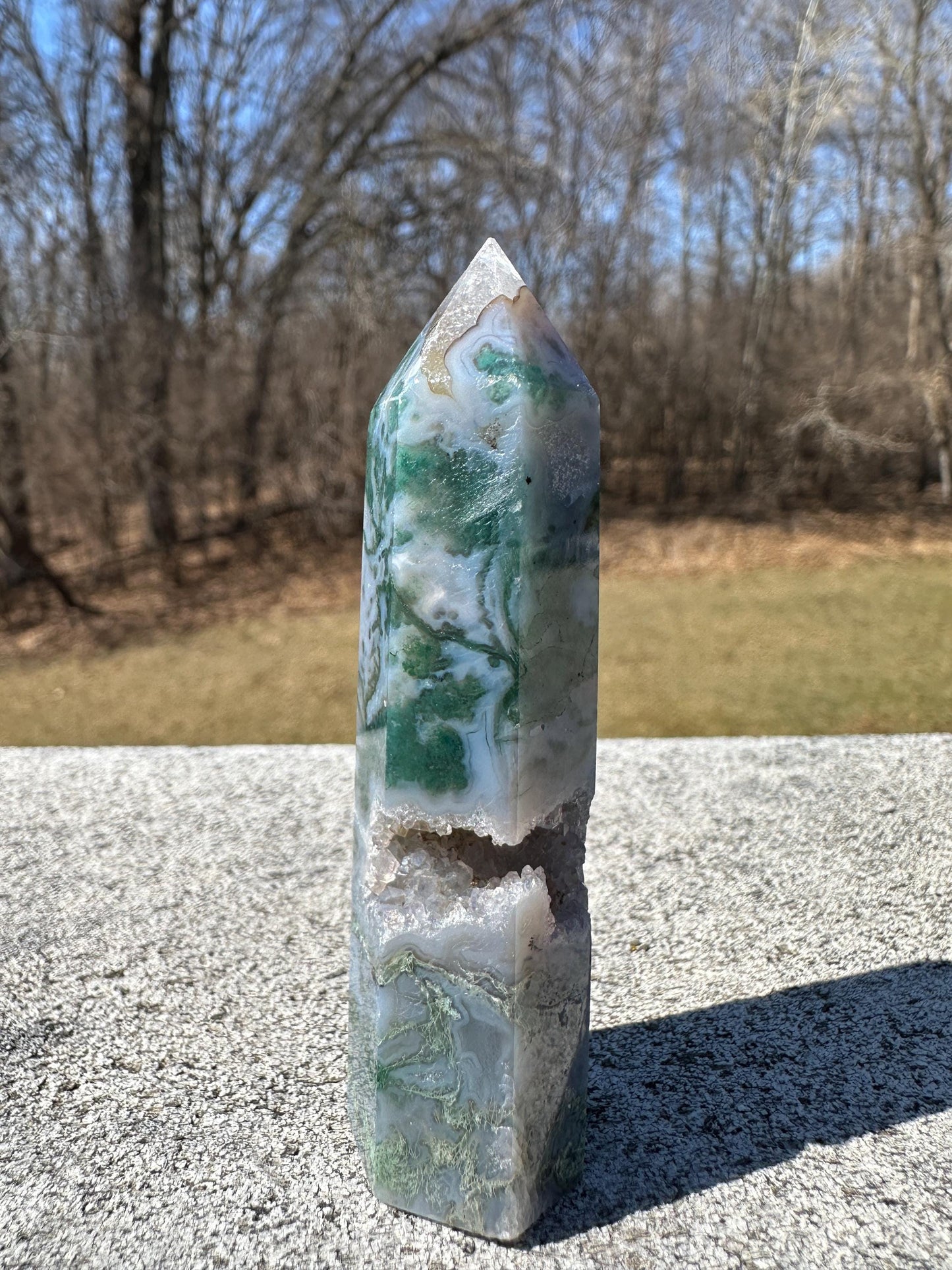 Beautiful Moss Agate Tower Carving with Quartz and a Druzy Pocket