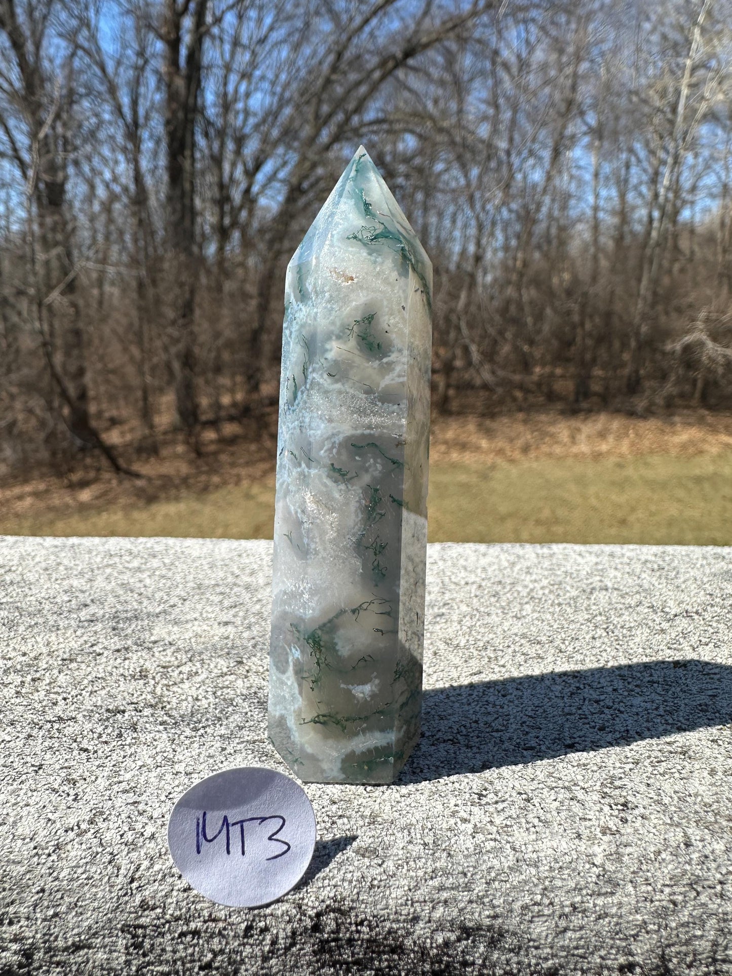 Beautiful Moss Agate Tower Carving with Quartz and a Druzy Pocket