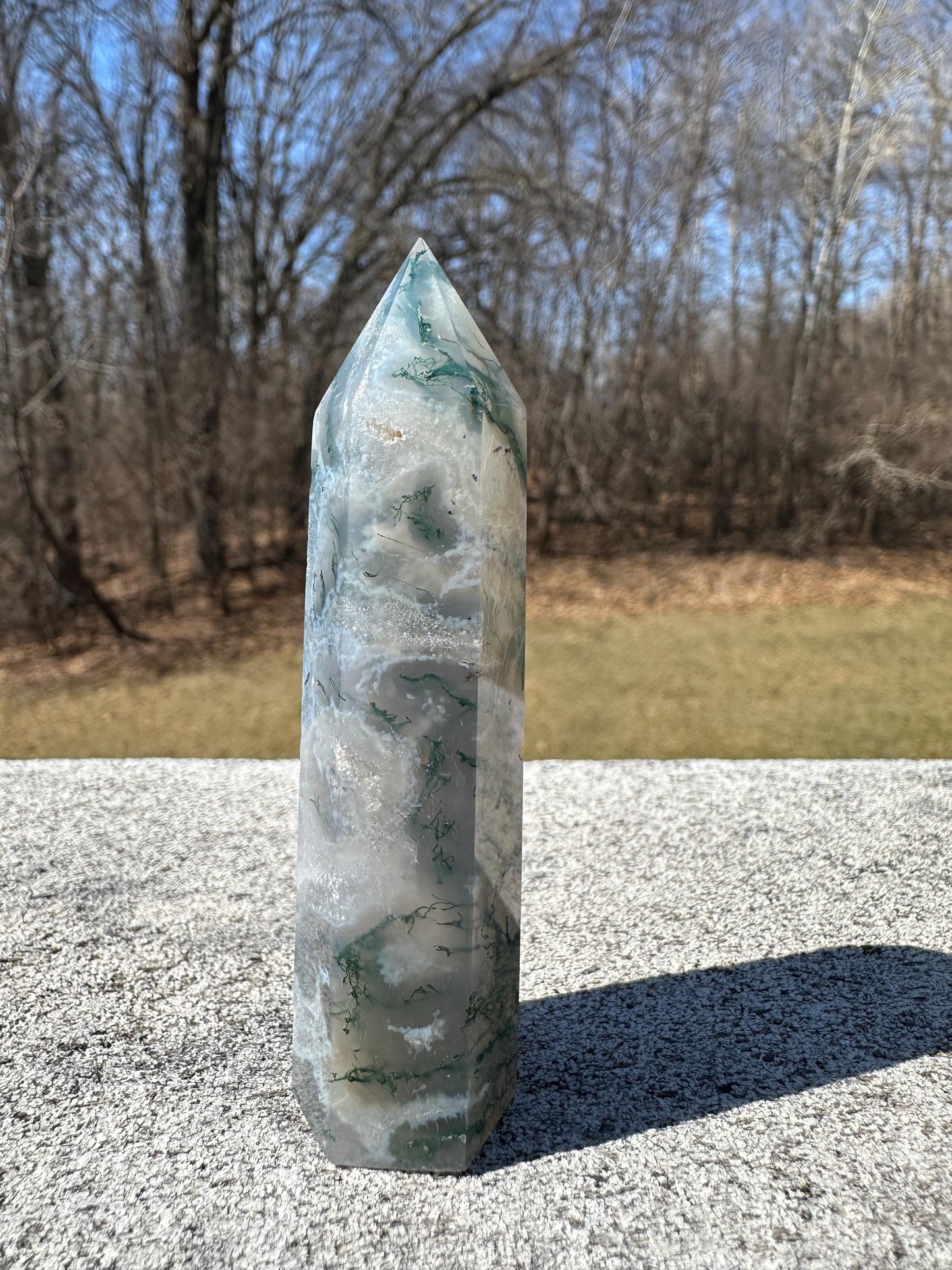 Beautiful Moss Agate Tower Carving with Quartz and a Druzy Pocket