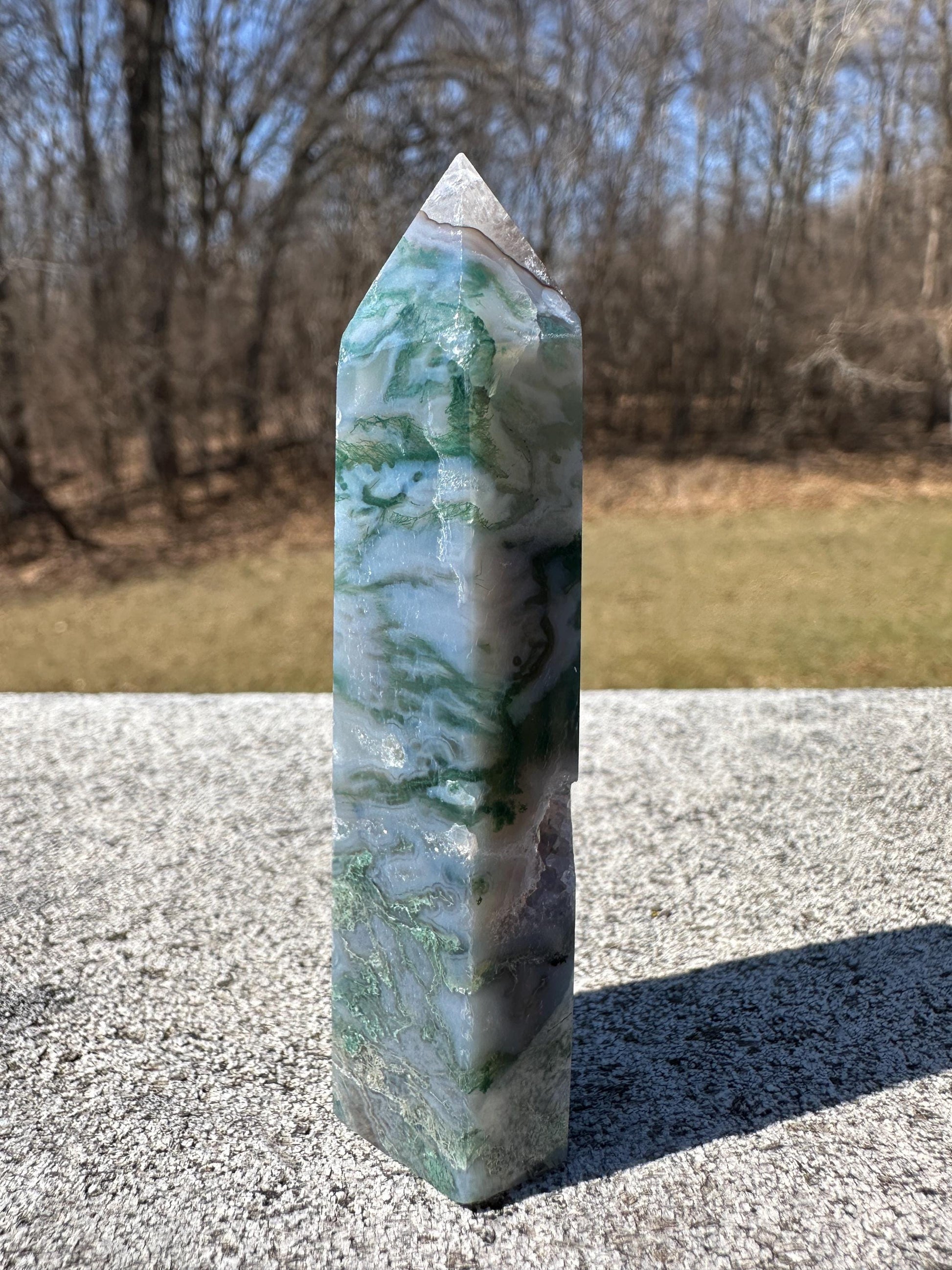 Beautiful Moss Agate Tower Carving with Quartz and a Druzy Pocket