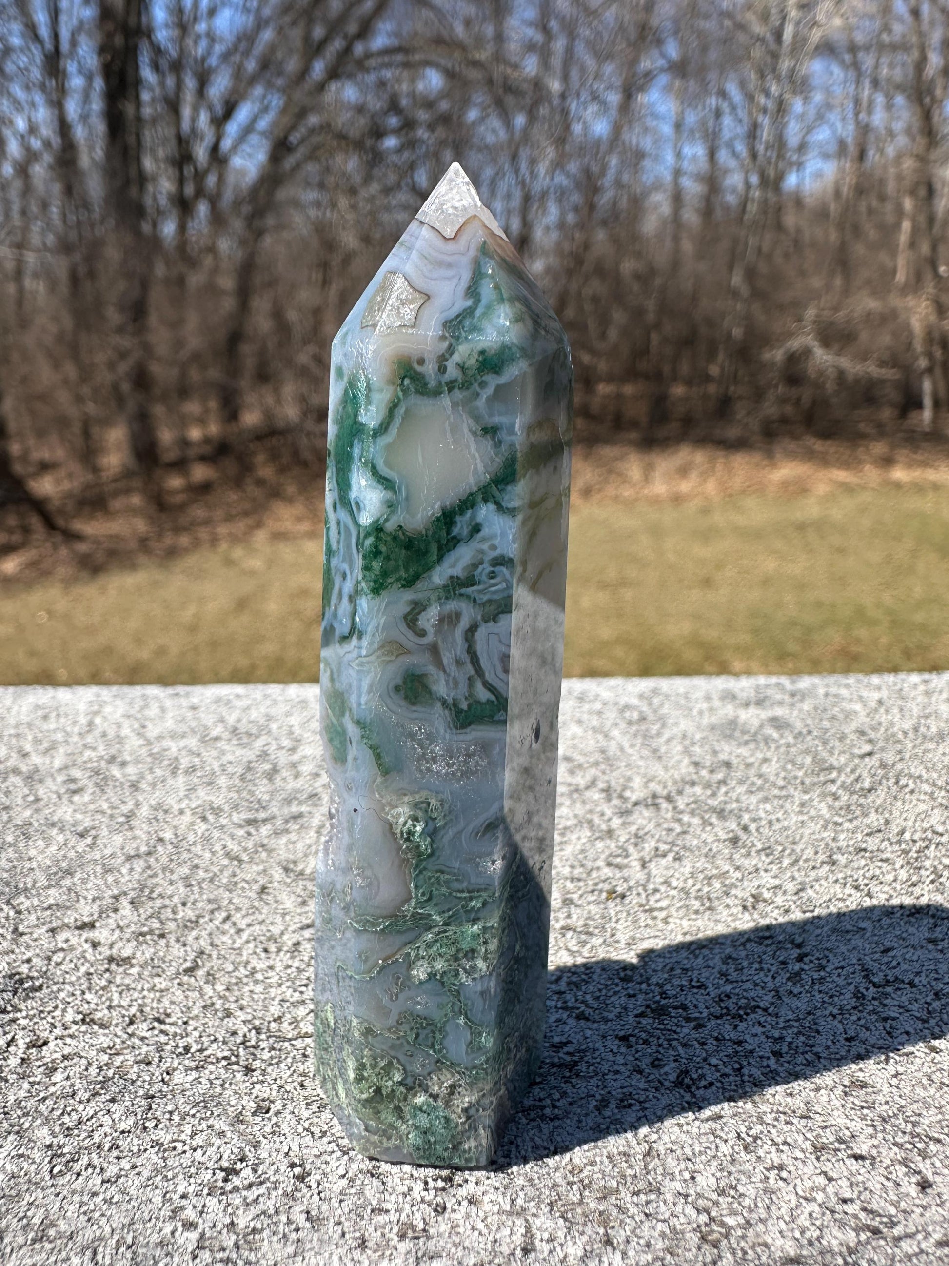 Beautiful Moss Agate Tower Carving with Quartz and a Druzy Pocket