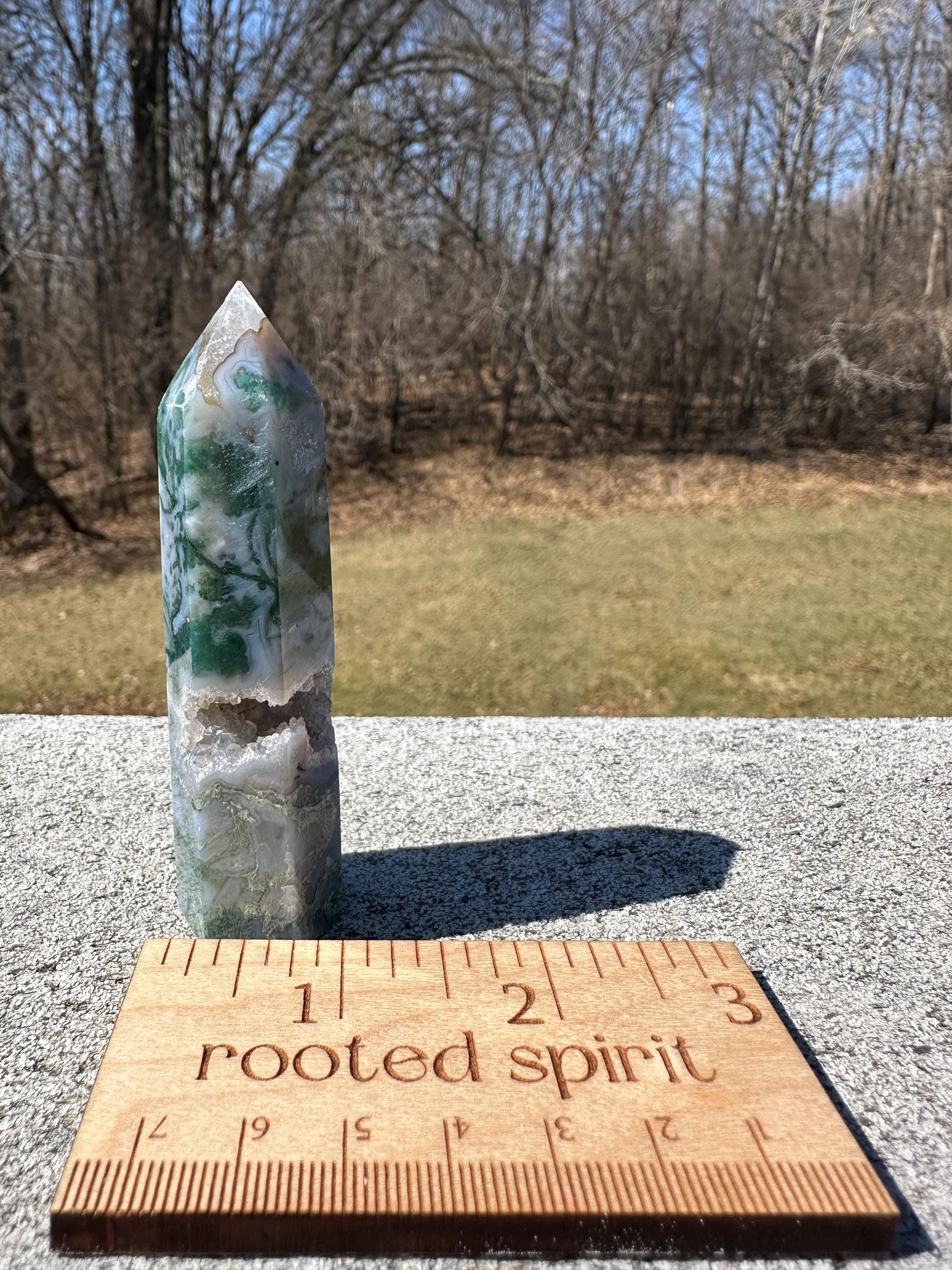 Beautiful Moss Agate Tower Carving with Quartz and a Druzy Pocket