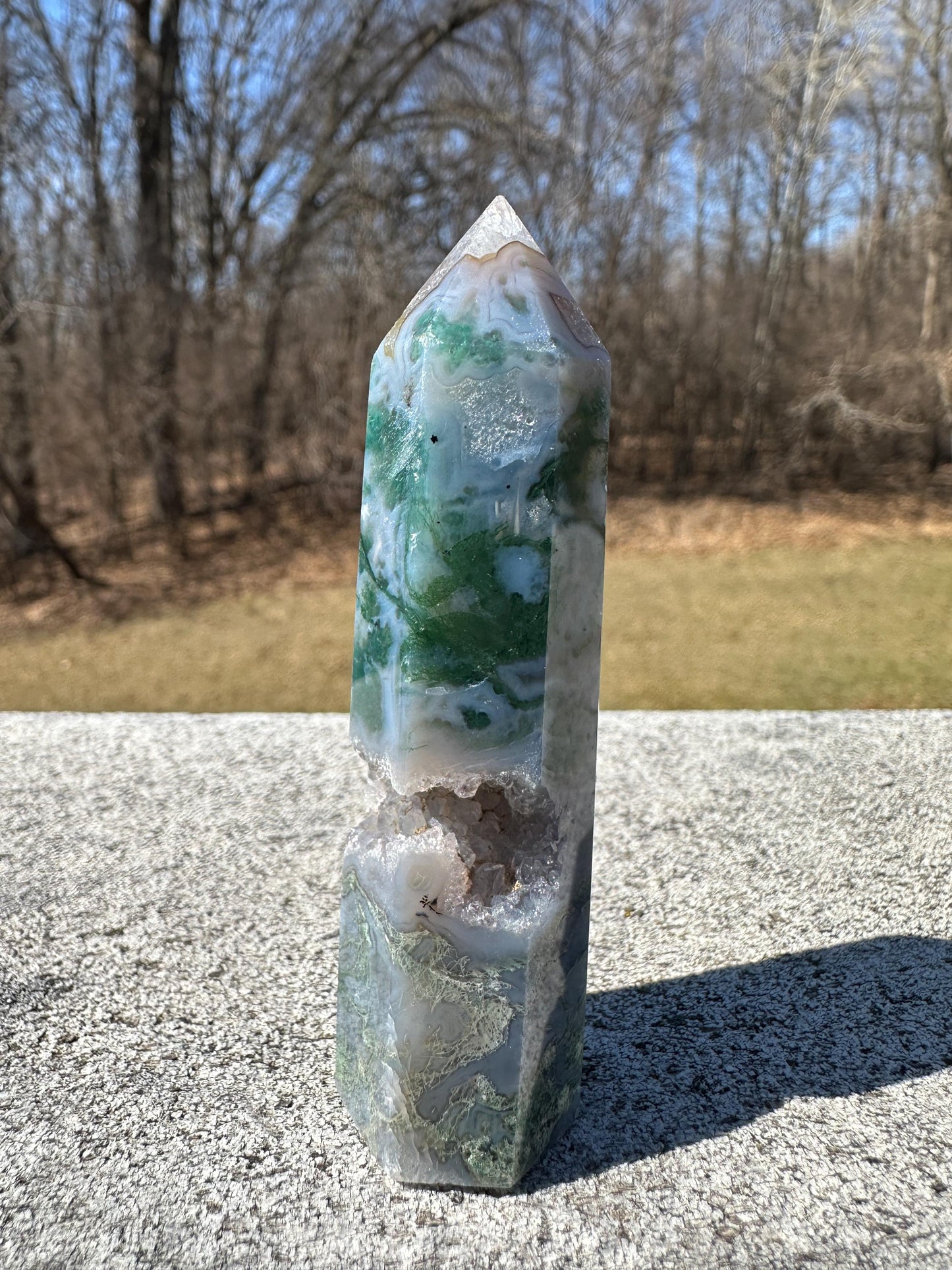 Beautiful Moss Agate Tower Carving with Quartz and a Druzy Pocket
