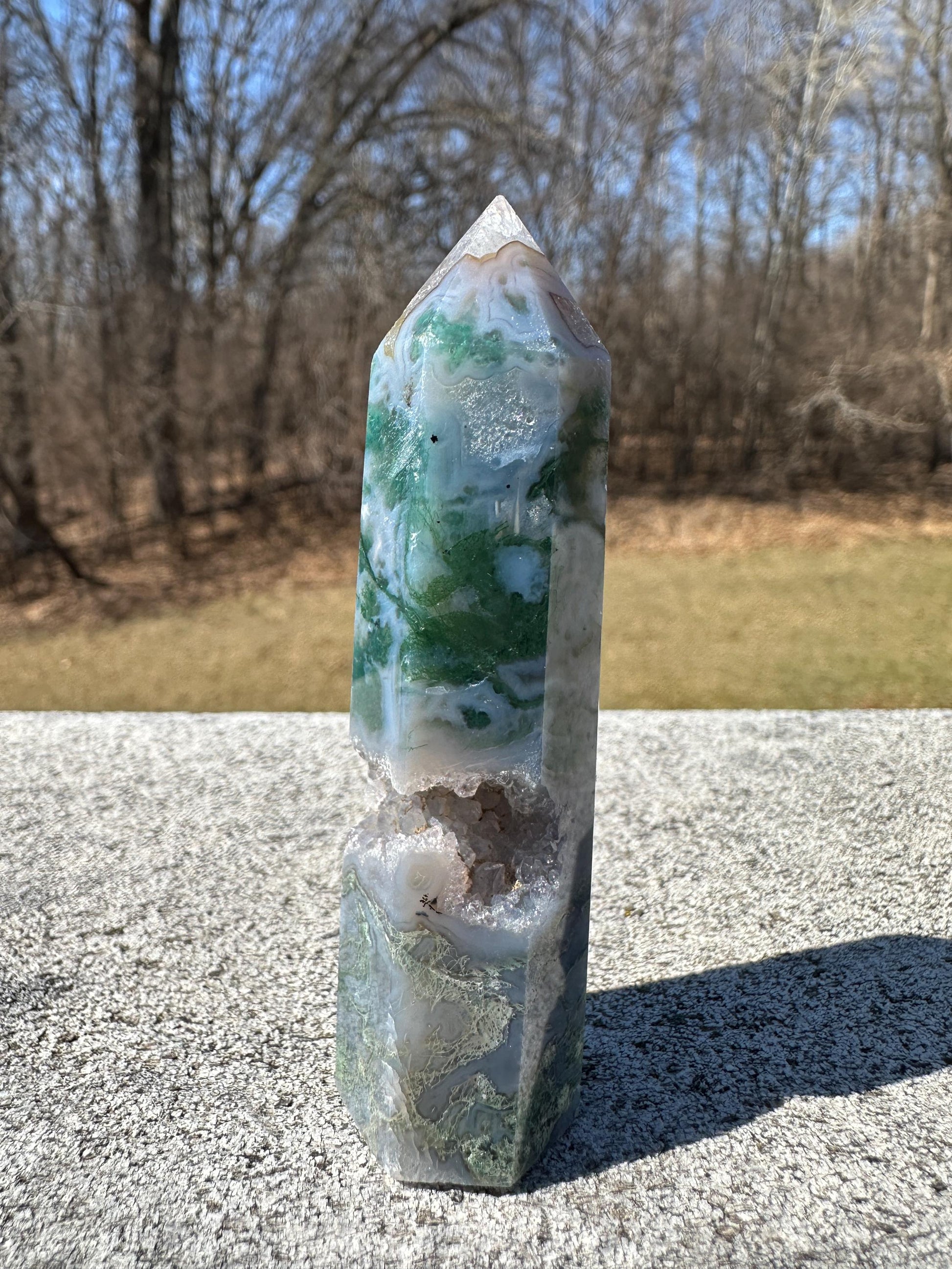 Beautiful Moss Agate Tower Carving with Quartz and a Druzy Pocket