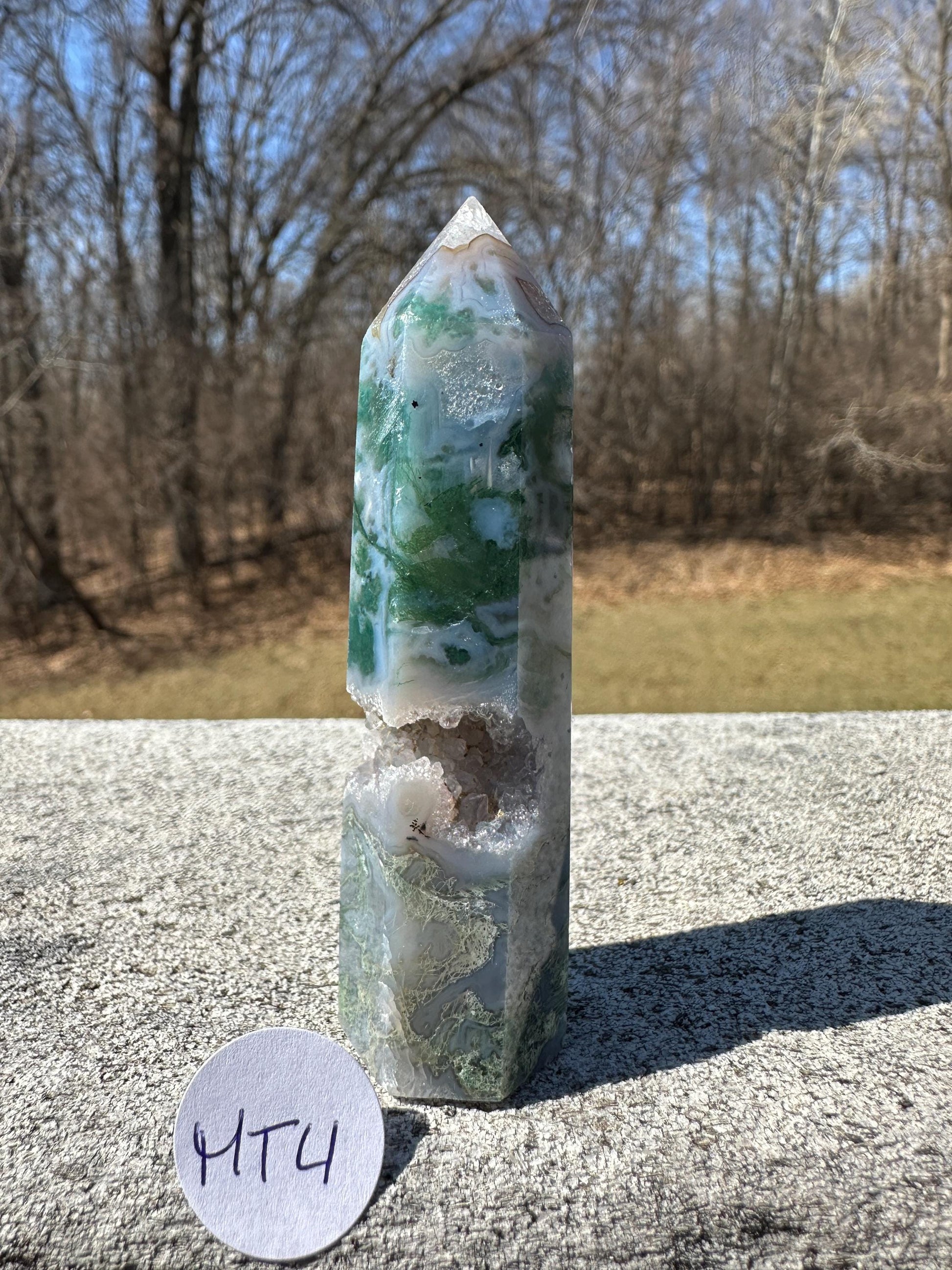 Beautiful Moss Agate Tower Carving with Quartz and a Druzy Pocket