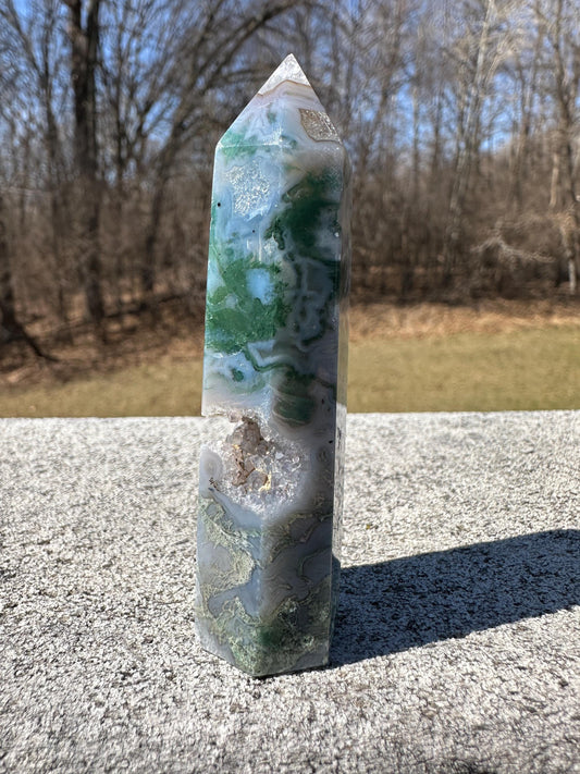 Beautiful Moss Agate Tower Carving with Quartz and a Druzy Pocket