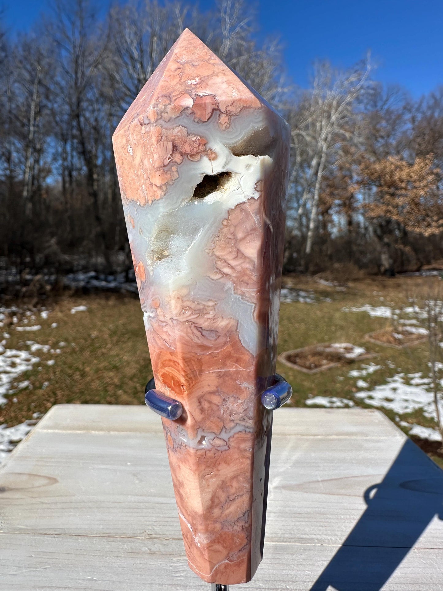 Gorgeous Pink Agate Freeform with Druzy Pocket and Stand