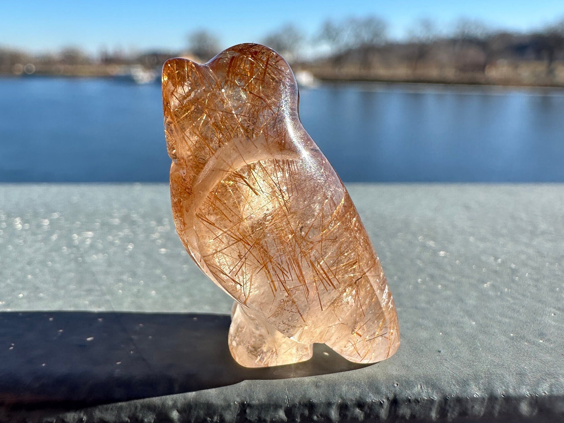 High Grade Golden Rutile Quartz Owl Carving from Brazil | Garden Quartz | Inclusion Quartz