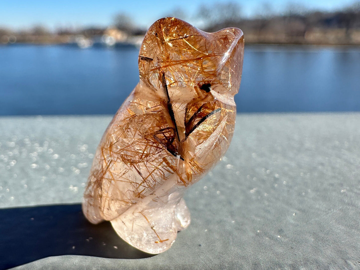 High Grade Golden Rutile Quartz Owl Carving from Brazil | Garden Quartz | Inclusion Quartz