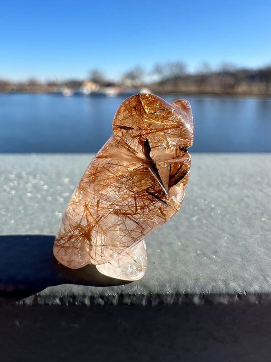 High Grade Golden Rutile Quartz Owl Carving from Brazil | Garden Quartz | Inclusion Quartz