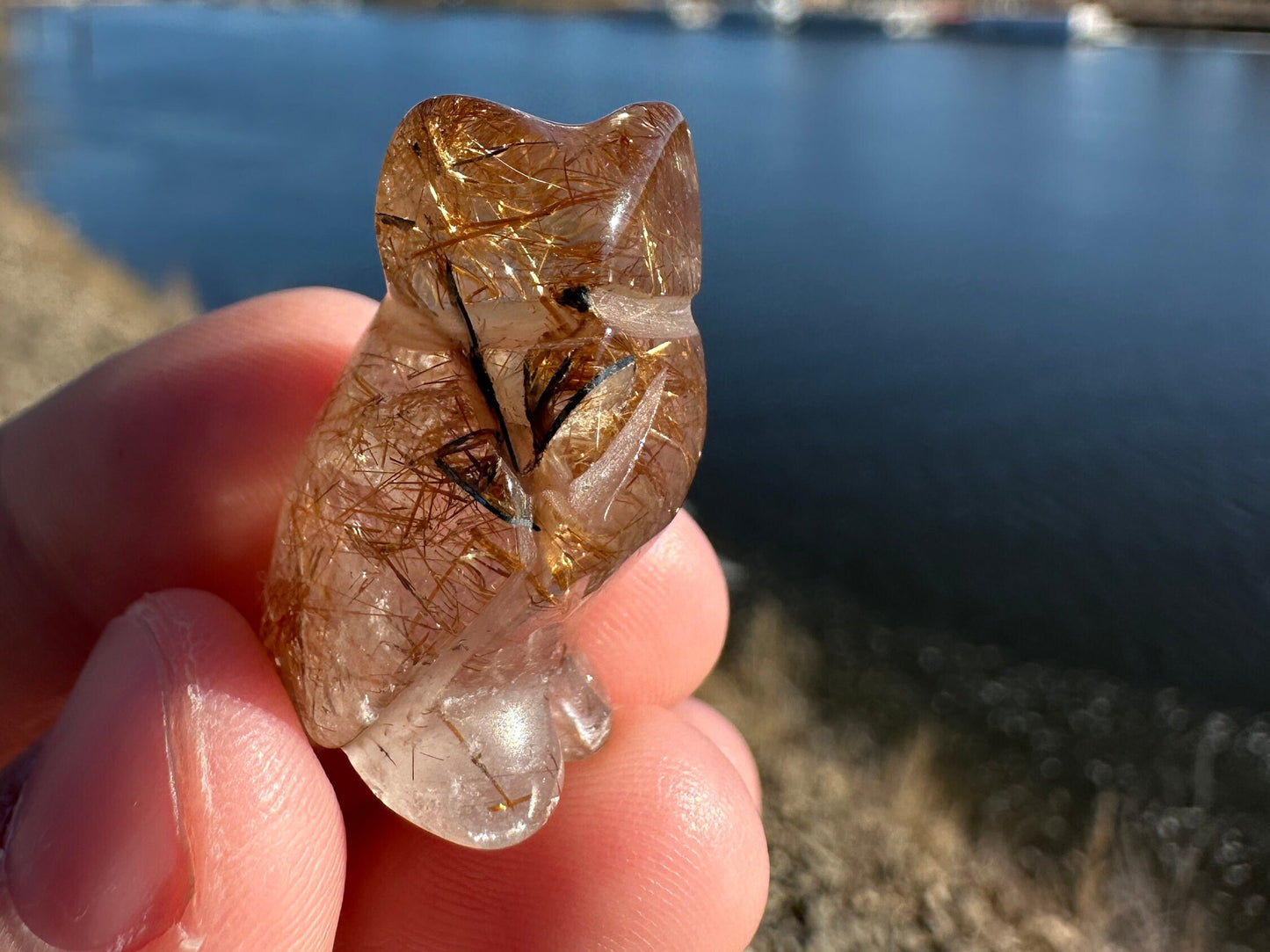 High Grade Golden Rutile Quartz Owl Carving from Brazil | Garden Quartz | Inclusion Quartz