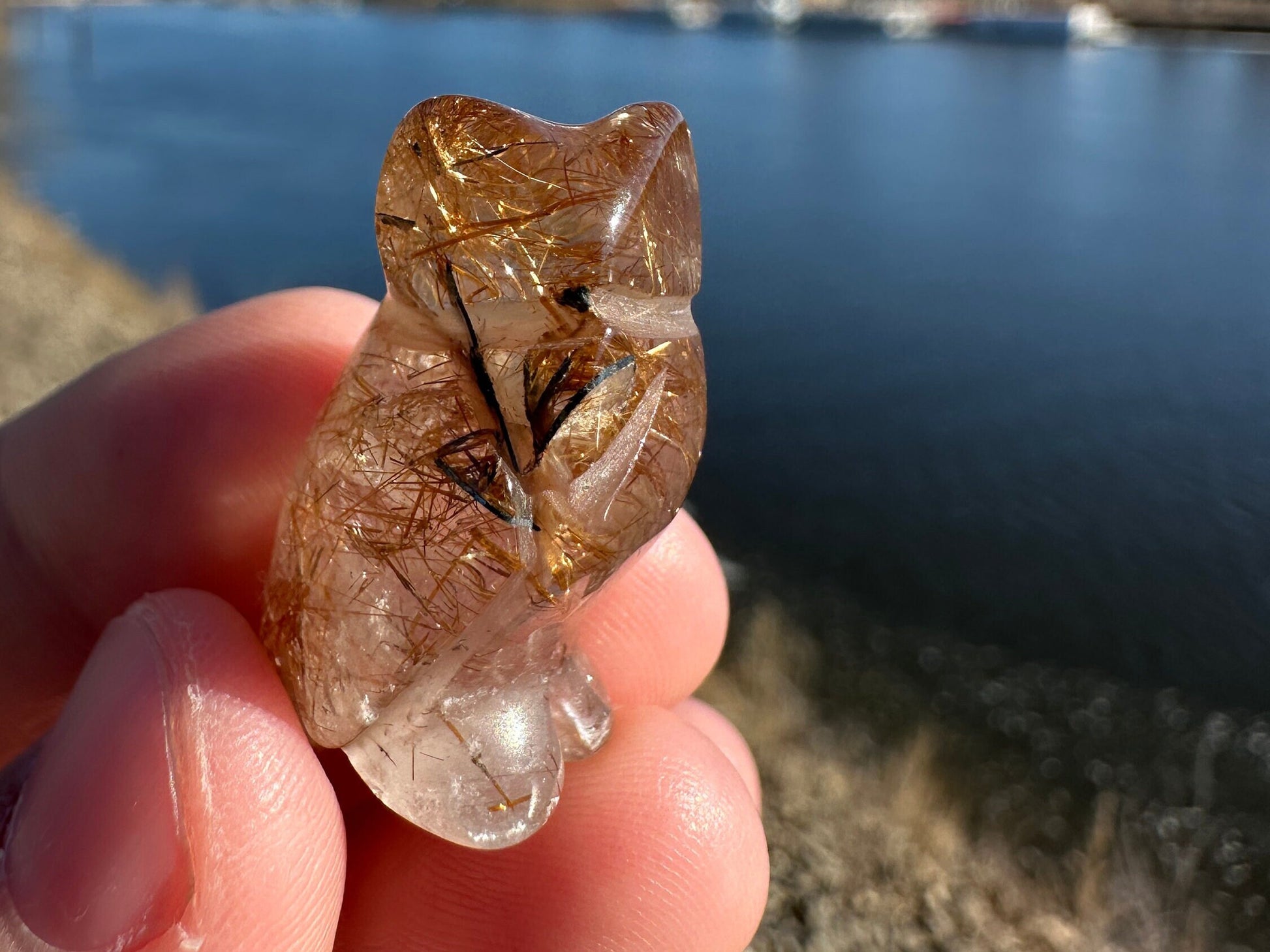 High Grade Golden Rutile Quartz Owl Carving from Brazil | Garden Quartz | Inclusion Quartz