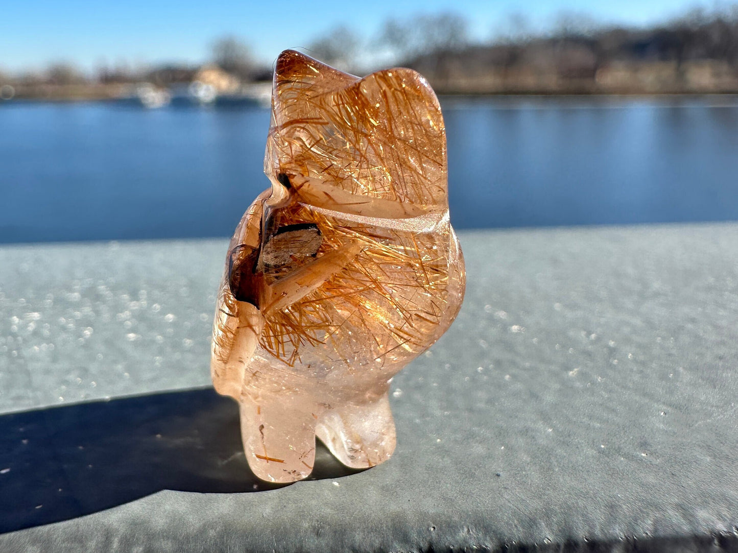 High Grade Golden Rutile Quartz Owl Carving from Brazil | Garden Quartz | Inclusion Quartz
