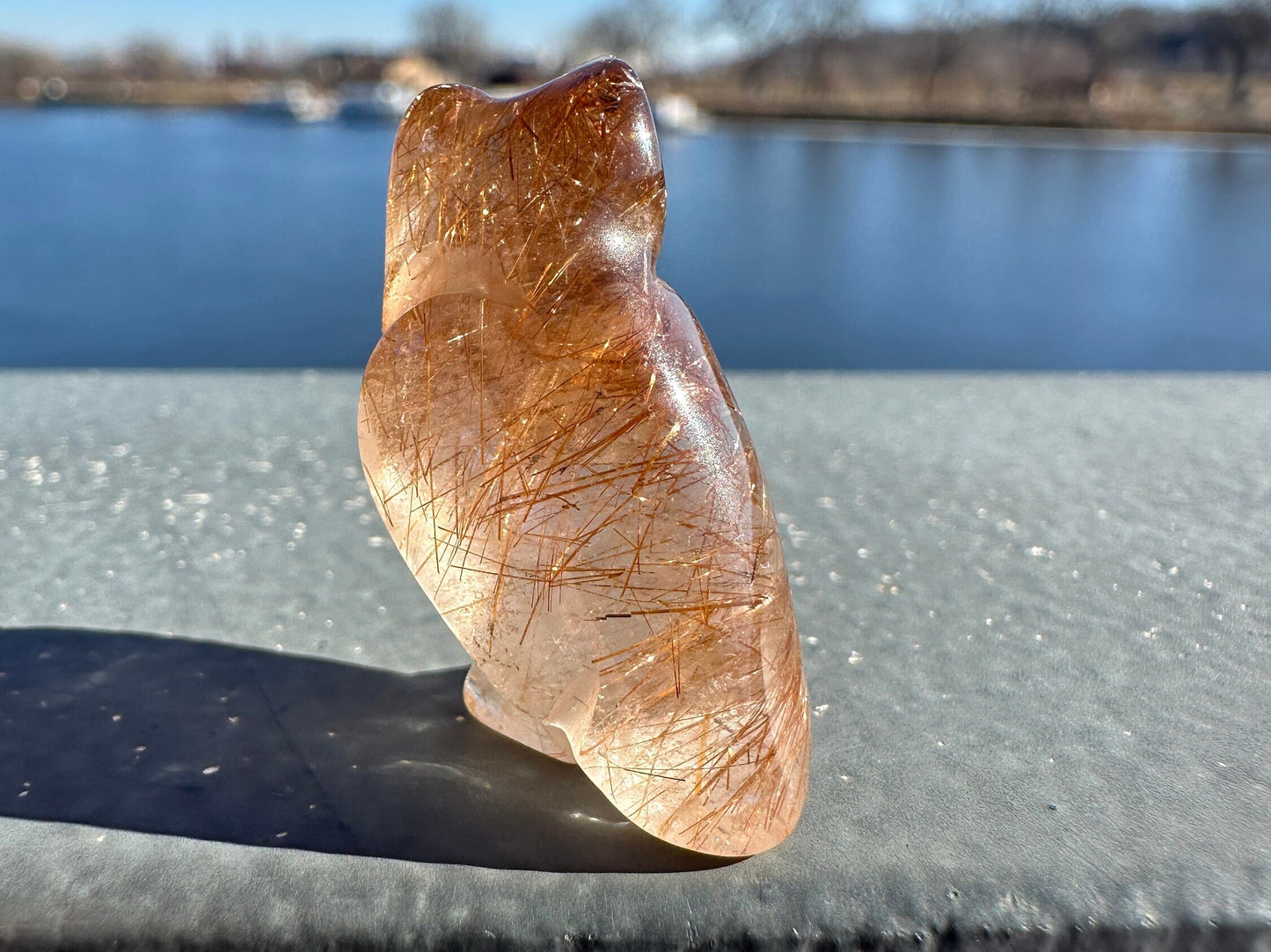 High Grade Golden Rutile Quartz Owl Carving from Brazil | Garden Quartz | Inclusion Quartz