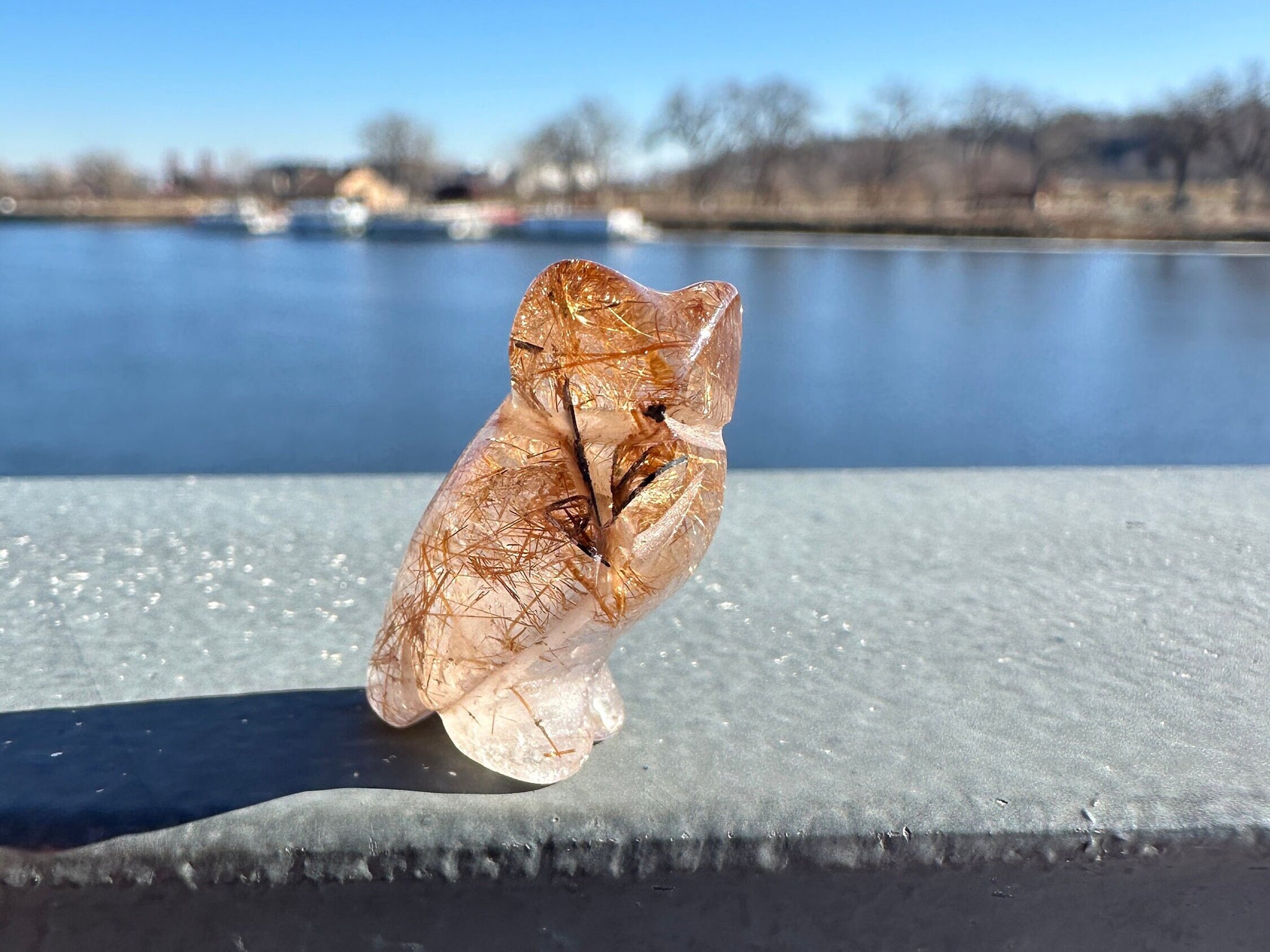 High Grade Golden Rutile Quartz Owl Carving from Brazil | Garden Quartz | Inclusion Quartz
