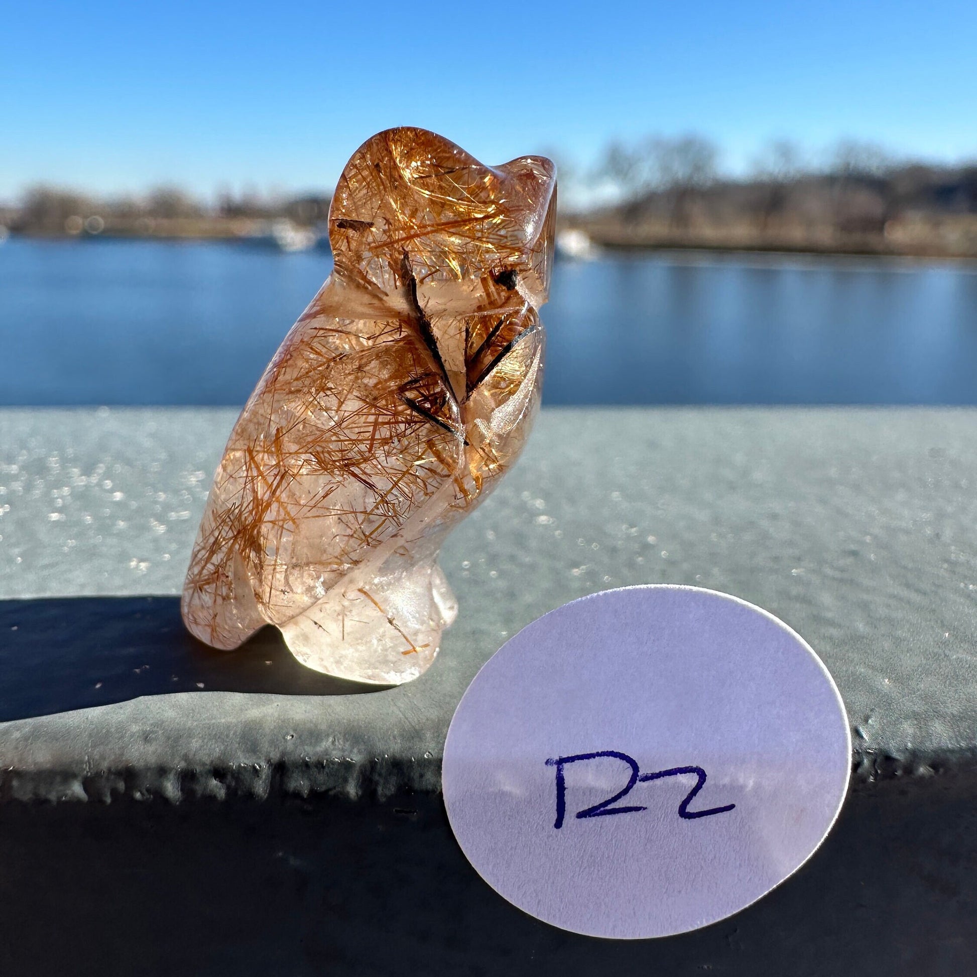 High Grade Golden Rutile Quartz Owl Carving from Brazil | Garden Quartz | Inclusion Quartz