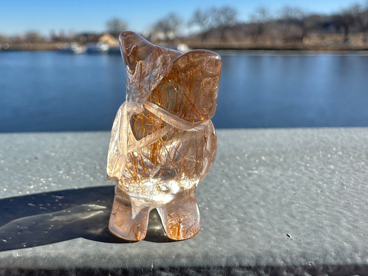 High Grade Golden Rutile Quartz Owl Carving from Brazil | Garden Quartz | Inclusion Quartz